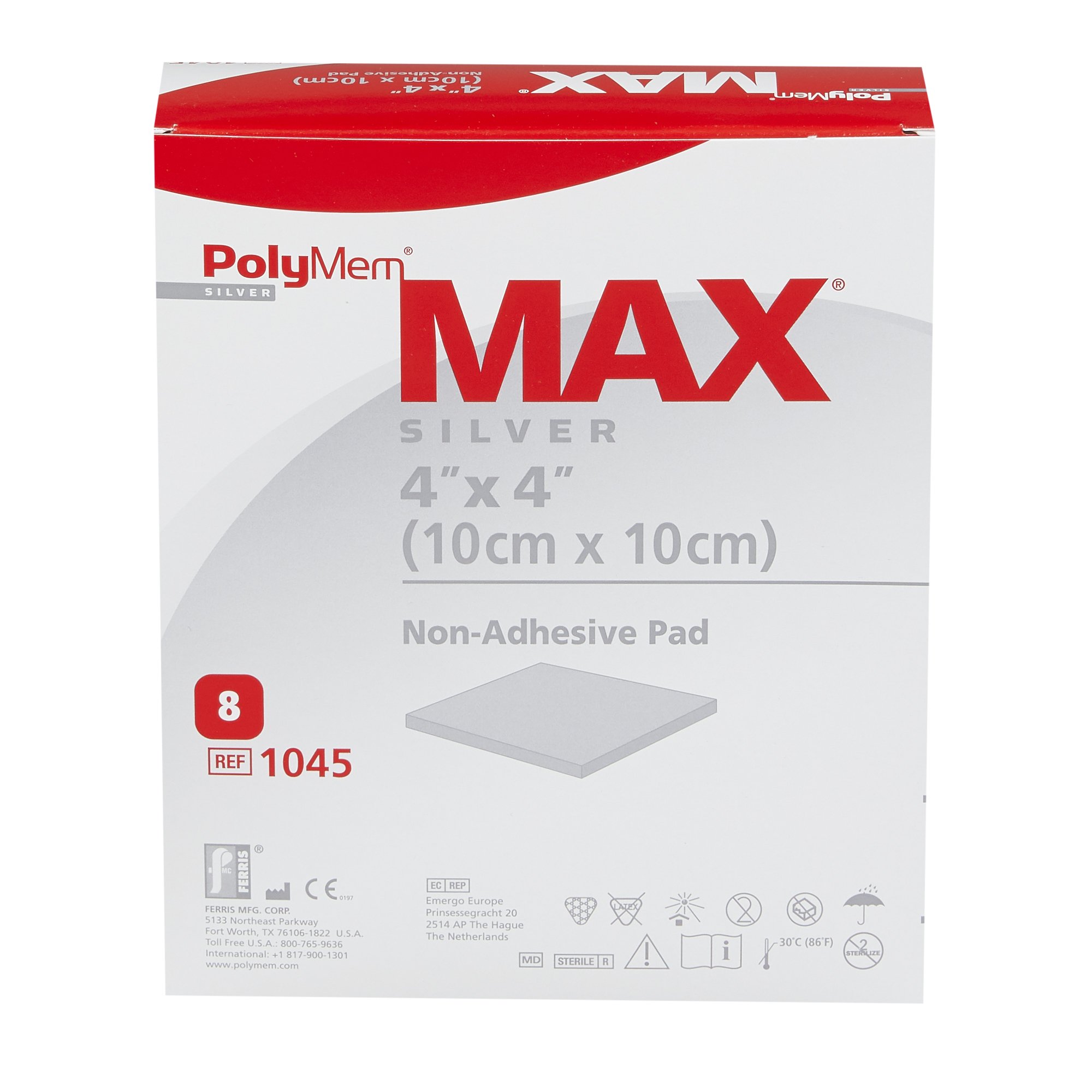 Ferris Manufacturing - 1045 PolyMem® Max Nonadhesive Silver Foam Dressing, 4 x 4 Inch