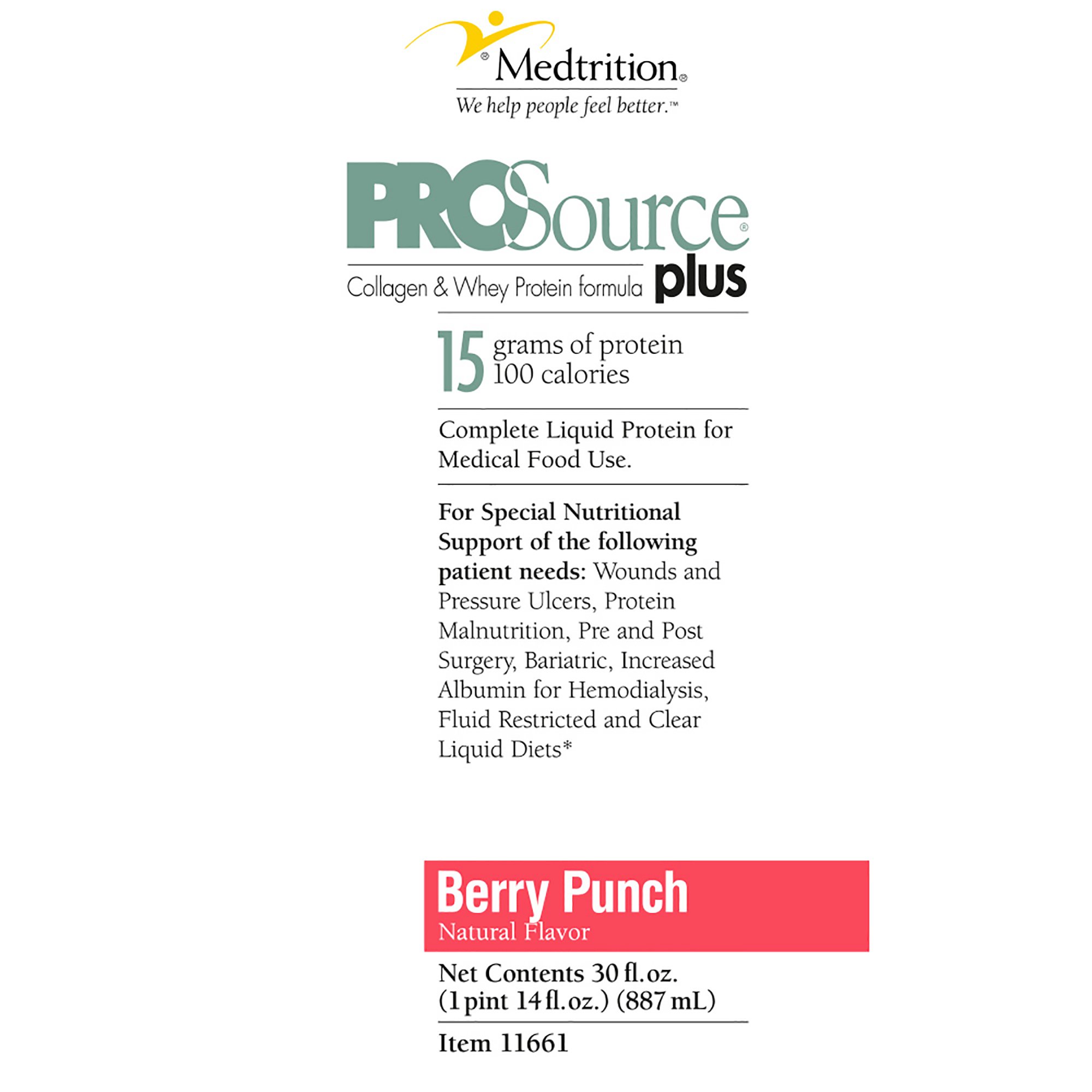 Medtrition-National Nutrition 11661 - ProSource® Plus Berry Punch Collagen and Whey Protein Formula, 32-ounce Bottle - 1/Each, 4/Case