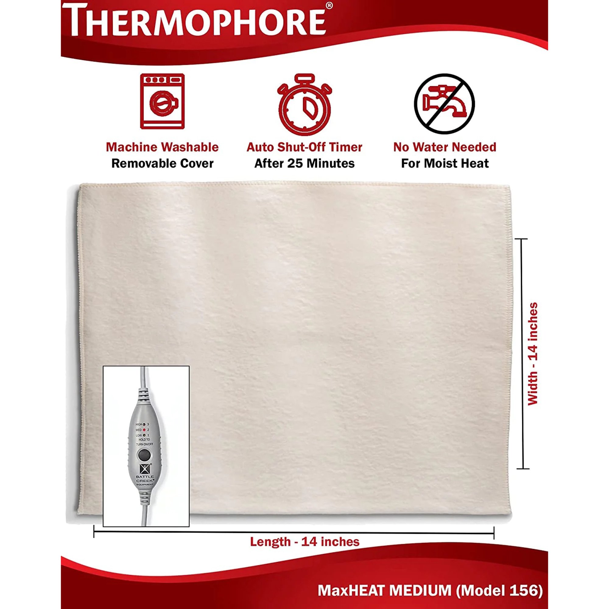 Battle Creek F00156 - Thermophore® MaxHEAT™ Moist Heating Pad, 14 x 14 Inch - 1/Each