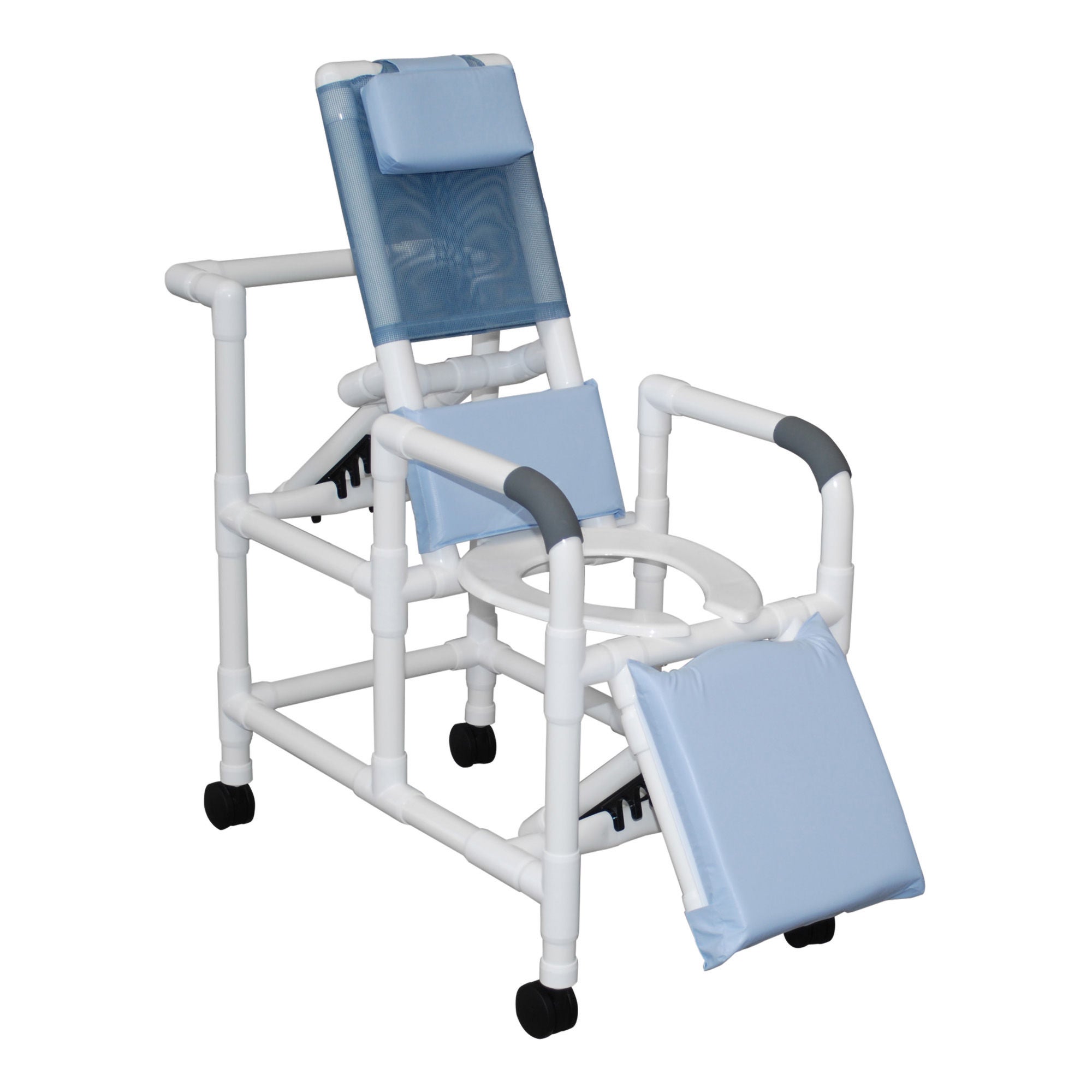 MJM International - 193-PED Shower Chair MJM International Fixed Arms PVC Frame Reclining Mesh Backrest with Pushbar 16 Inch Internal Seat Width / 20 Inch External Seat Width 300 lbs. Weight Capacity