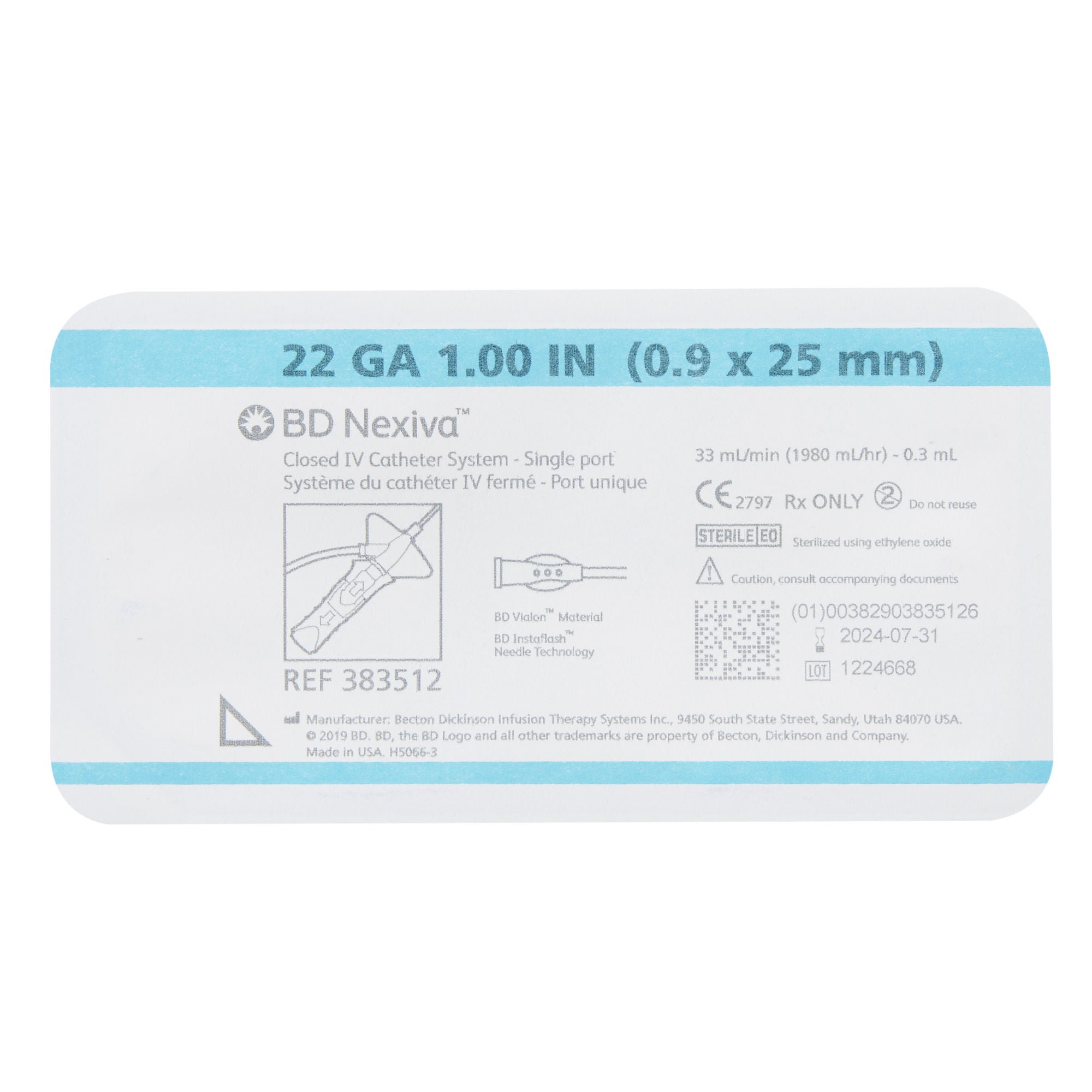BD - 383512 Closed IV Catheter Nexiva™ 22 Gauge 1 Inch BD Vialon Polyurethane Biomaterial Winged Hub Blood Control