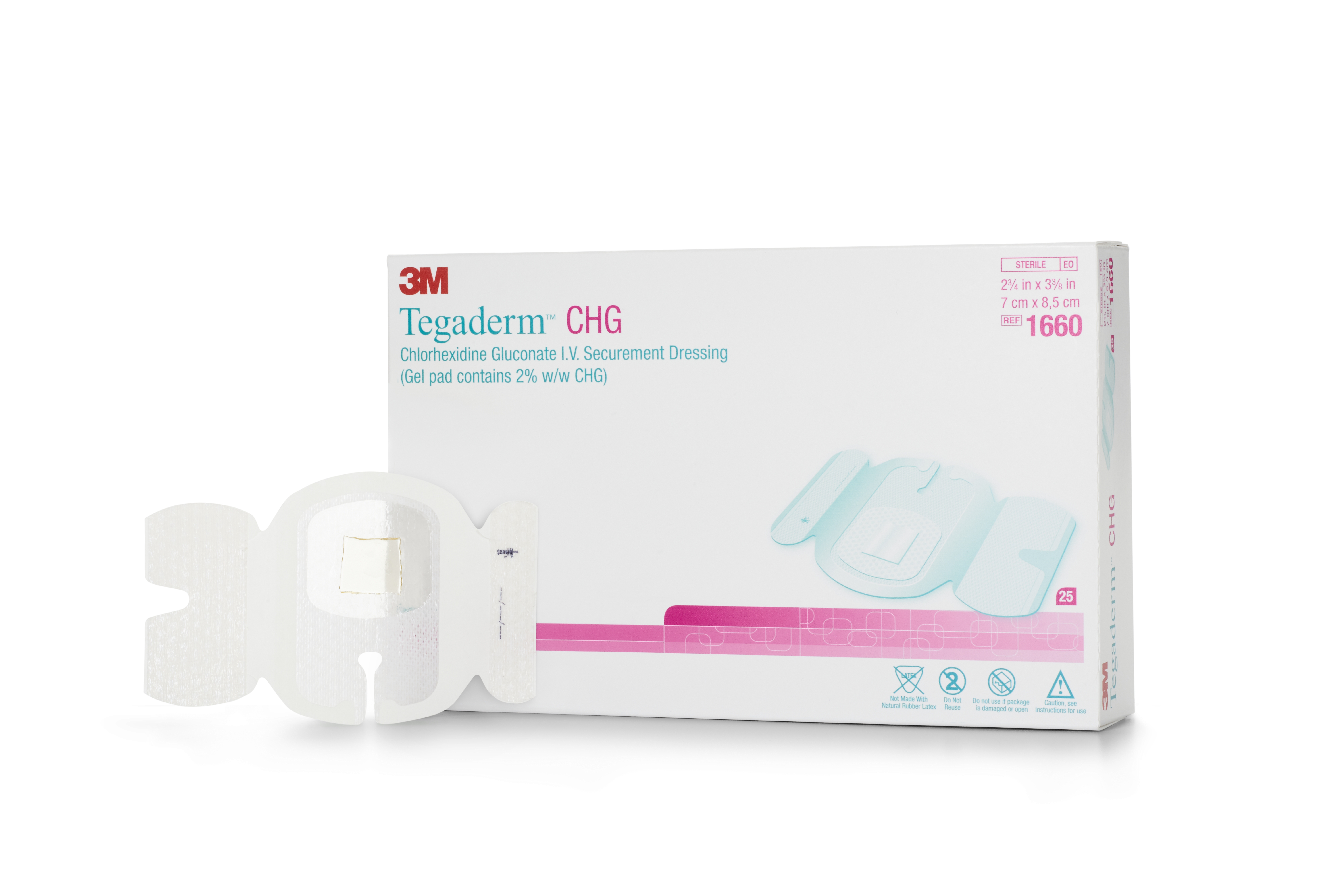 Solventum Corporation 1660 - 3M™ Tegaderm™ Chlorhexidine Gluconate I.V. Securement Dressing, 2¾ x 3-3/8 Inch - 25/Box, 100/Case