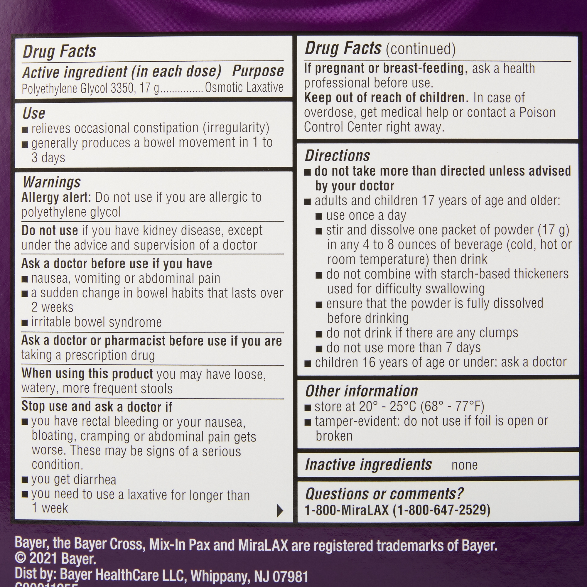 Bayer 11523726808 - MiraLAX® Polyethylene Glycol 3350 Laxative - 24/Box