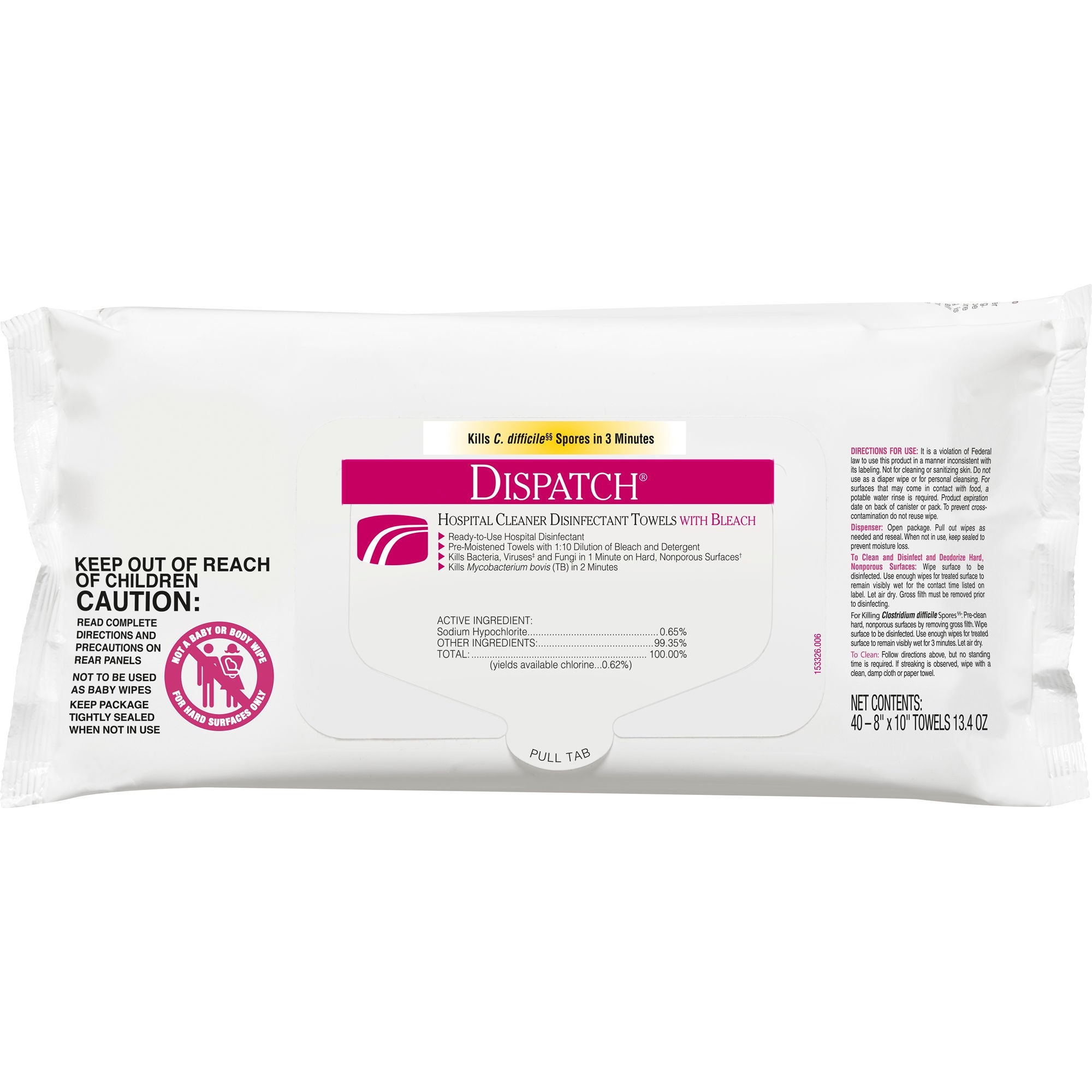 The Clorox Company - 69240 Surface Disinfectant Cleaner Dispatch® with Bleach Premoistened Manual Pull Wipe 40 Count Soft Pack Fruity Floral Bleach Scent NonSterile