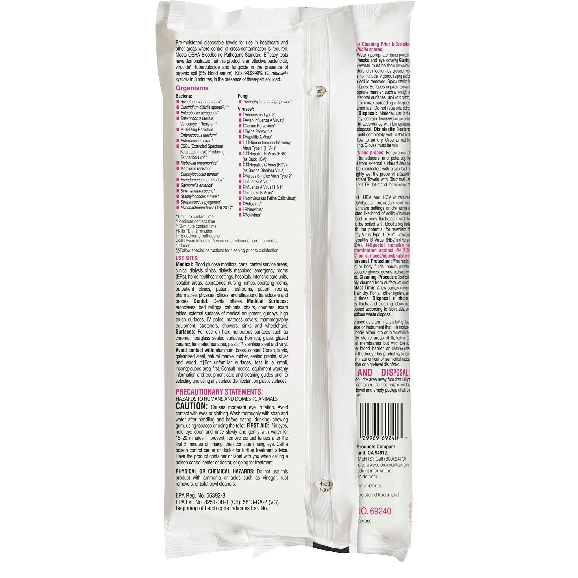 The Clorox Company - 69240 Surface Disinfectant Cleaner Dispatch® with Bleach Premoistened Manual Pull Wipe 40 Count Soft Pack Fruity Floral Bleach Scent NonSterile