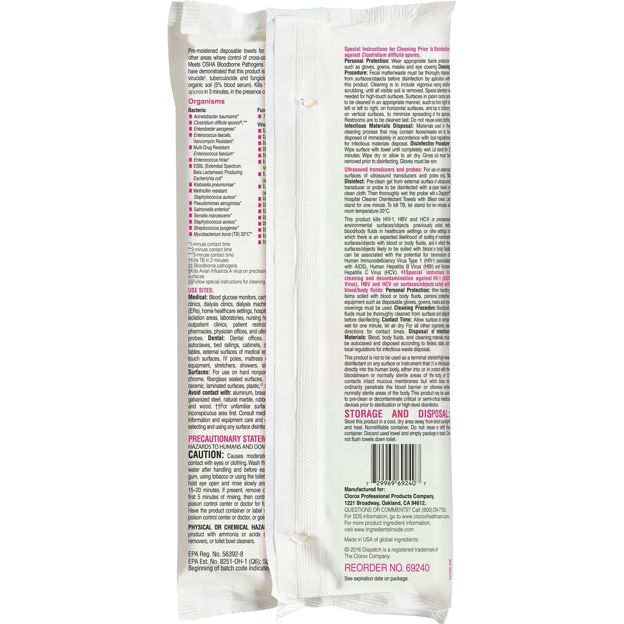 The Clorox Company - 69240 Surface Disinfectant Cleaner Dispatch® with Bleach Premoistened Manual Pull Wipe 40 Count Soft Pack Fruity Floral Bleach Scent NonSterile