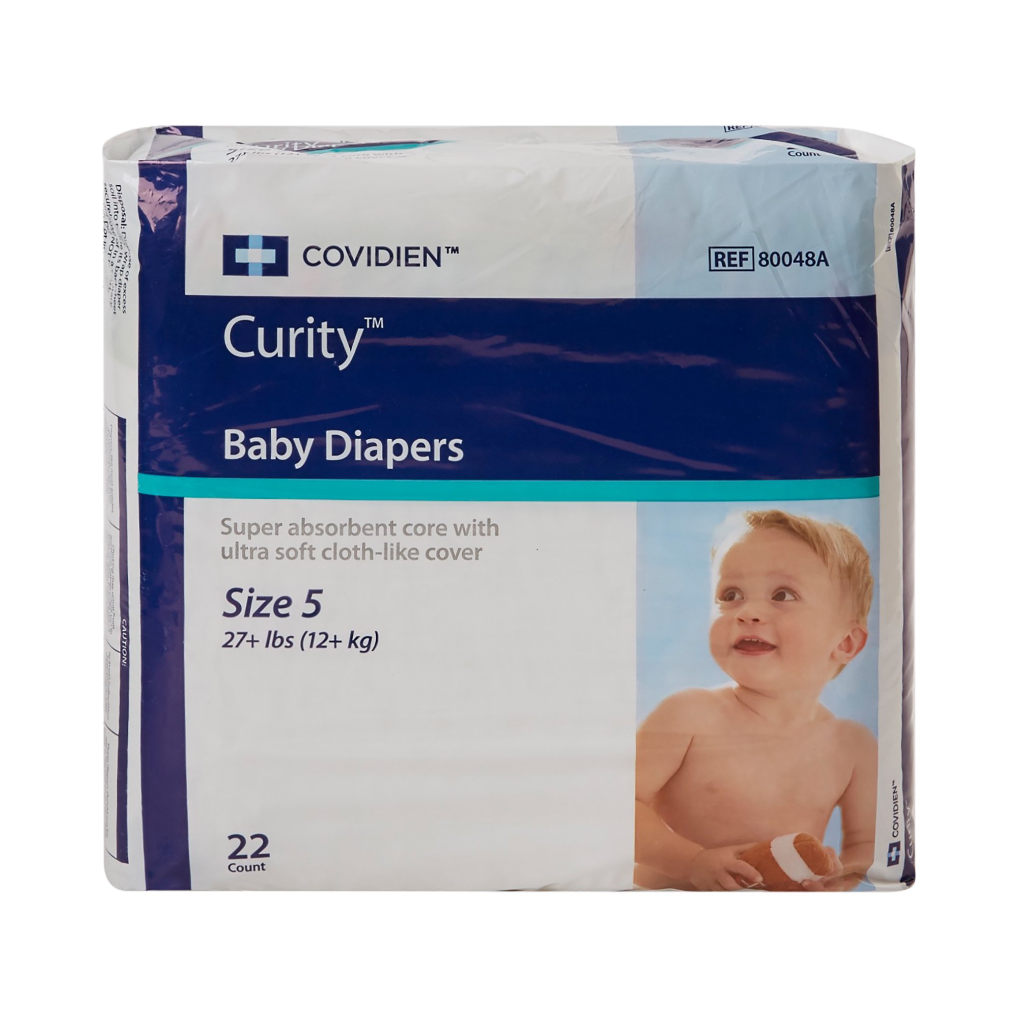 Cardinal 80048A - Curity Unisex Baby Diapers, Heavy Absorbency, Disposable, Size 5, 27+ lbs - 22/Bag, 176/Case