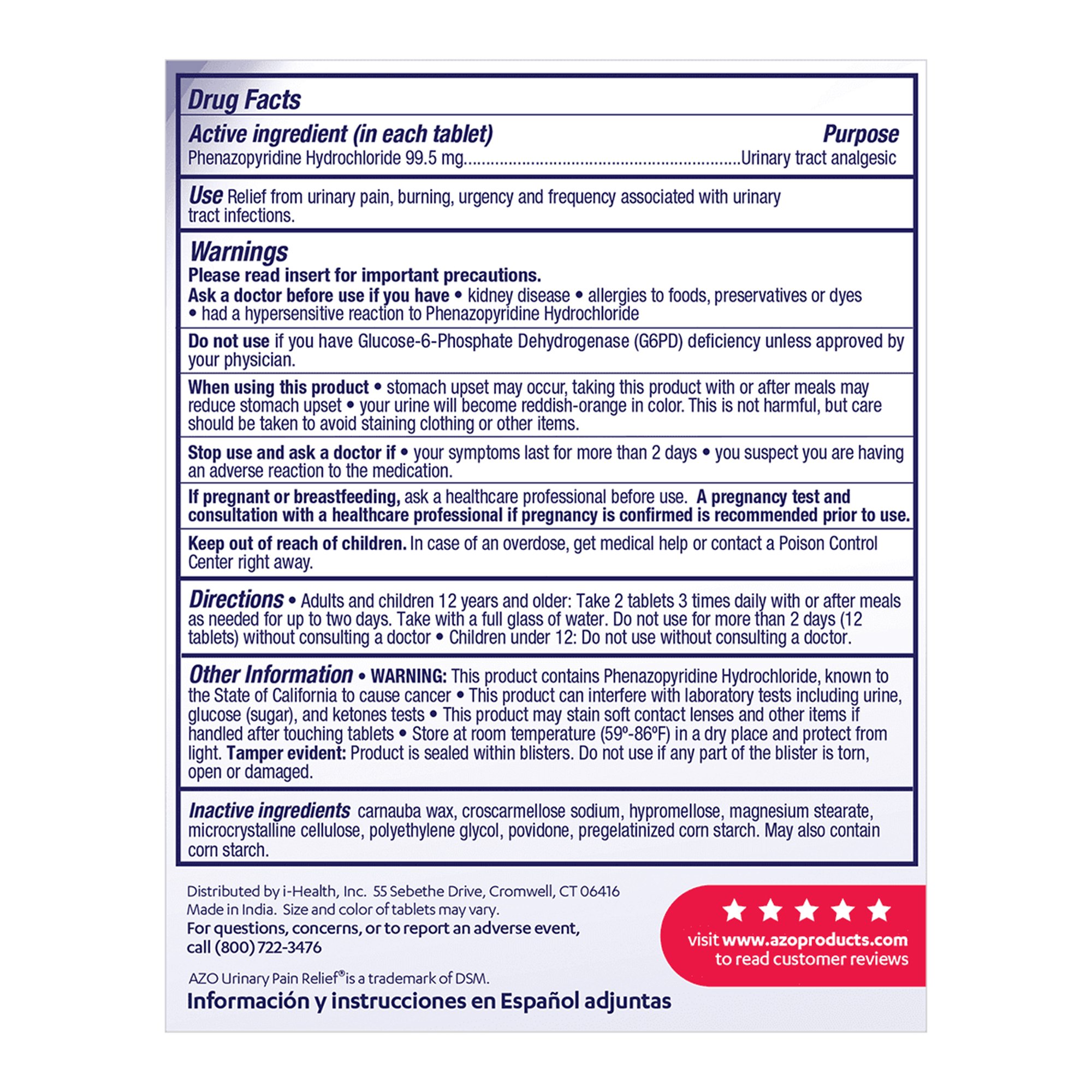 i-Health Inc - 87651030152 AZO® Phenazopyridine Urinary Pain Relief