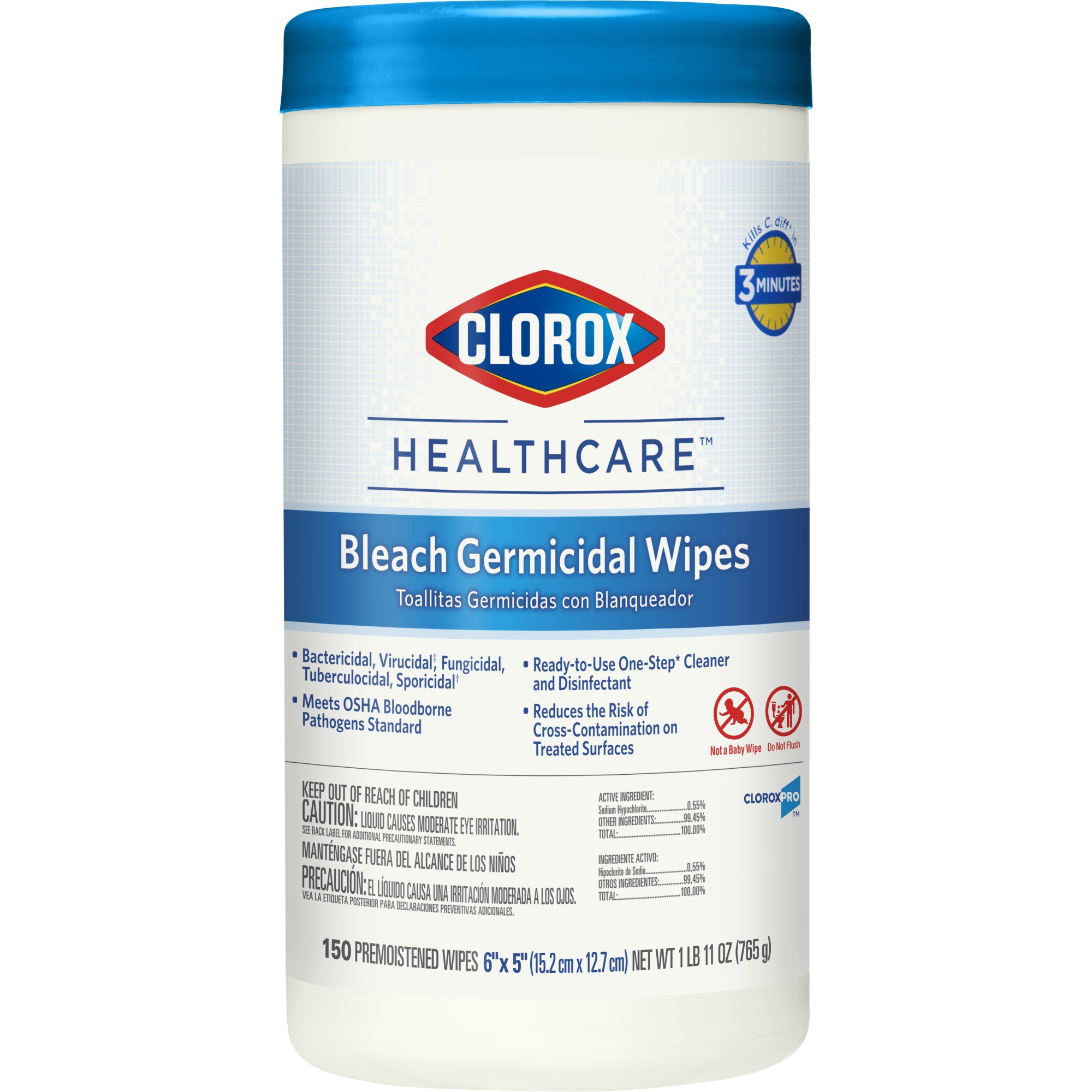 The Clorox Company 30577 - Clorox Healthcare® Bleach Germicidal Wipes, Canister, 150 ct. - 1/Pack, 6/Case