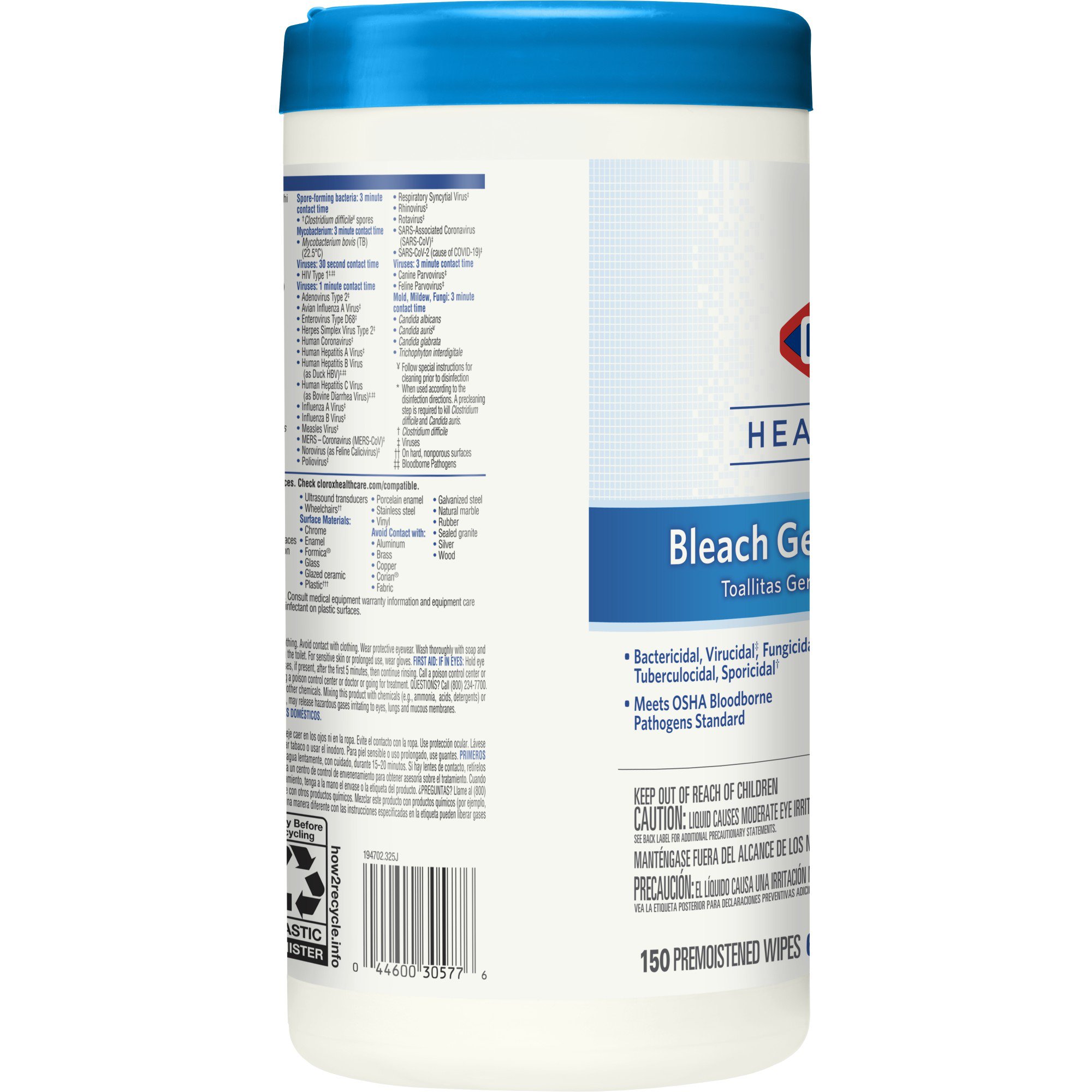 The Clorox Company 30577 - Clorox Healthcare® Bleach Germicidal Wipes, Canister, 150 ct. - 1/Pack, 6/Case