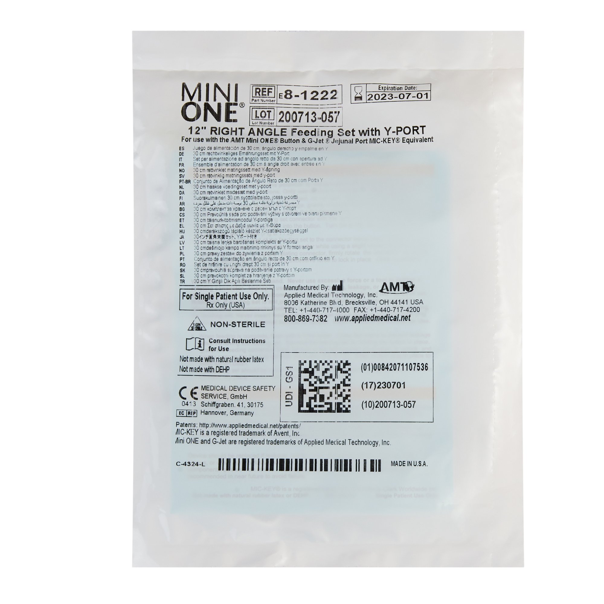 Applied Medical Technology Inc 8-1222 - Mini ONE® Right Angle Connector with Y-Port, 12 Inch - 1/Each, 10/Box
