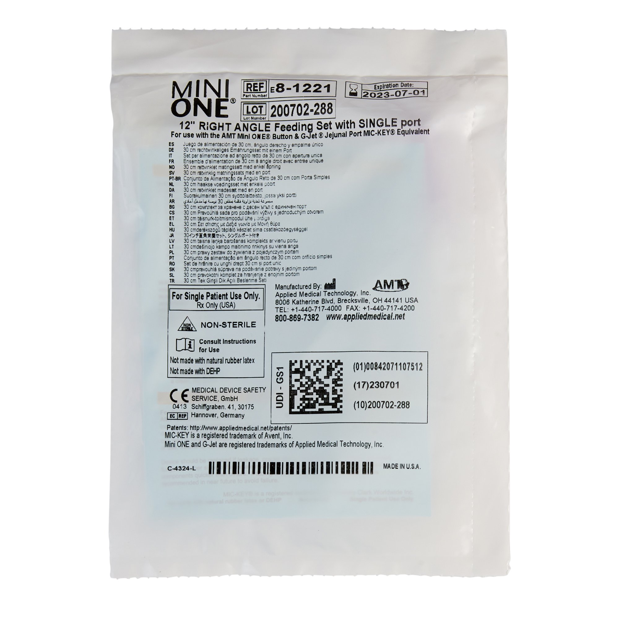 Applied Medical Technology Inc 8-1221 - Mini ONE® Right Angle Connector With Bolus Adapter, 12 Inch, Purple - 1/Each, 10/Box