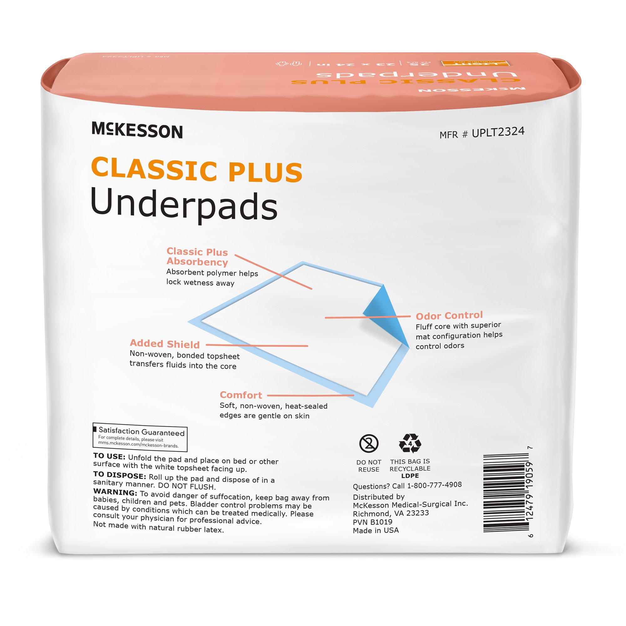 McKesson Brand UPLT2324 - McKesson Classic Plus Light Absorbency Underpads, 23 x 24 Inch - 25/Bag, 200/Case