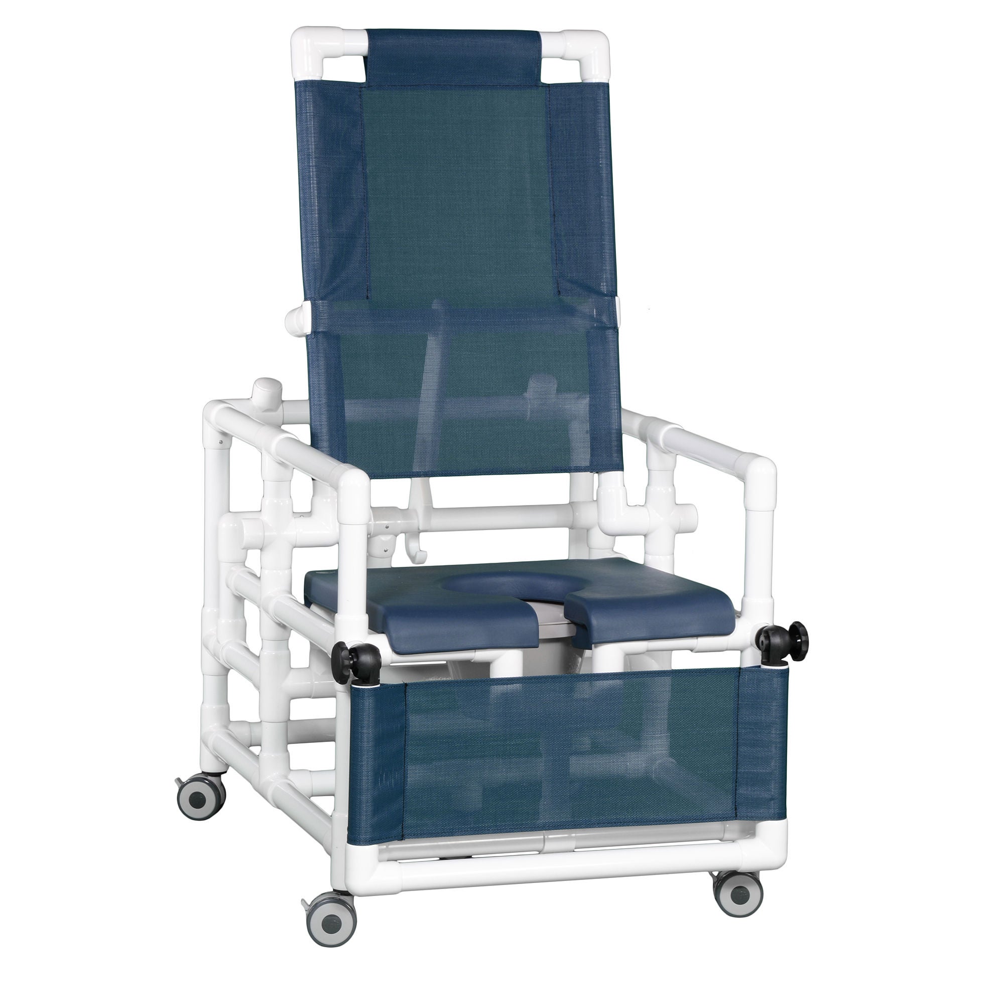 IPU - SCC260 RC OS N-NAVY MESH Commode / Shower Chair Deluxe Oversize Fixed Arms PVC Frame Reclining Mesh Backrest 28 Inch Seat Width 300 lbs. Weight Capacity