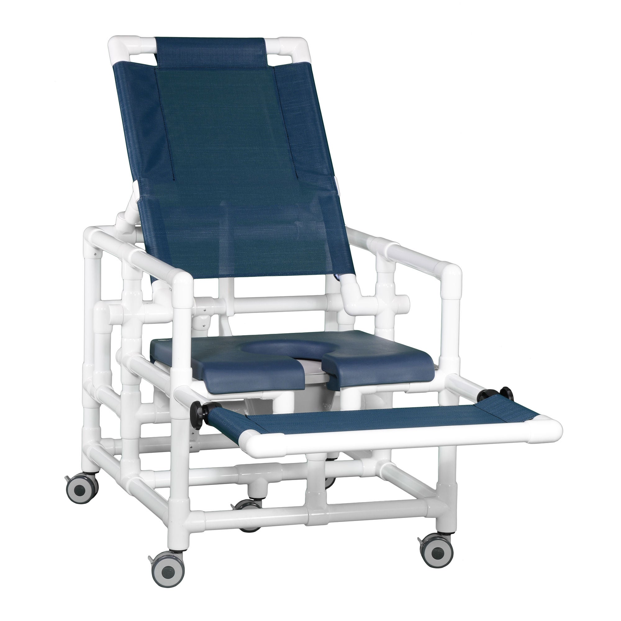 IPU - SCC260 RC OS N-NAVY MESH Commode / Shower Chair Deluxe Oversize Fixed Arms PVC Frame Reclining Mesh Backrest 28 Inch Seat Width 300 lbs. Weight Capacity