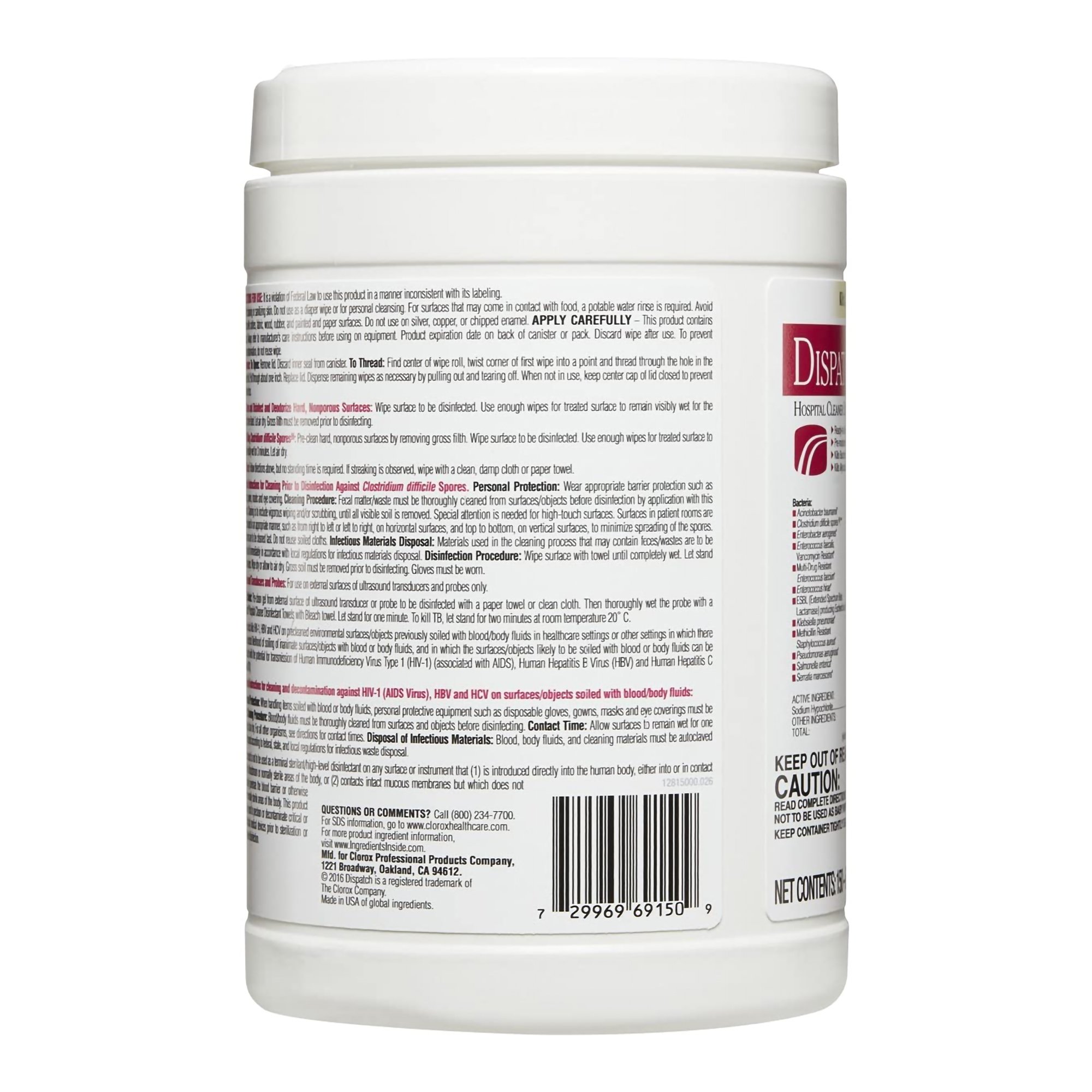 The Clorox Company 69150 - Dispatch® Surface Disinfectant Cleaner with Bleach, Canister - 150/Pack, 1200/Case