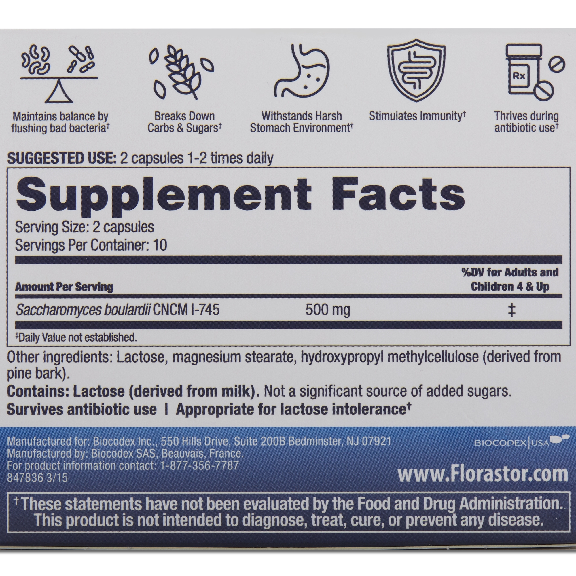 Biocodex 66825008820 - Florastor® Dual Action Probiotic Vegetarian Capsules - 20/Box