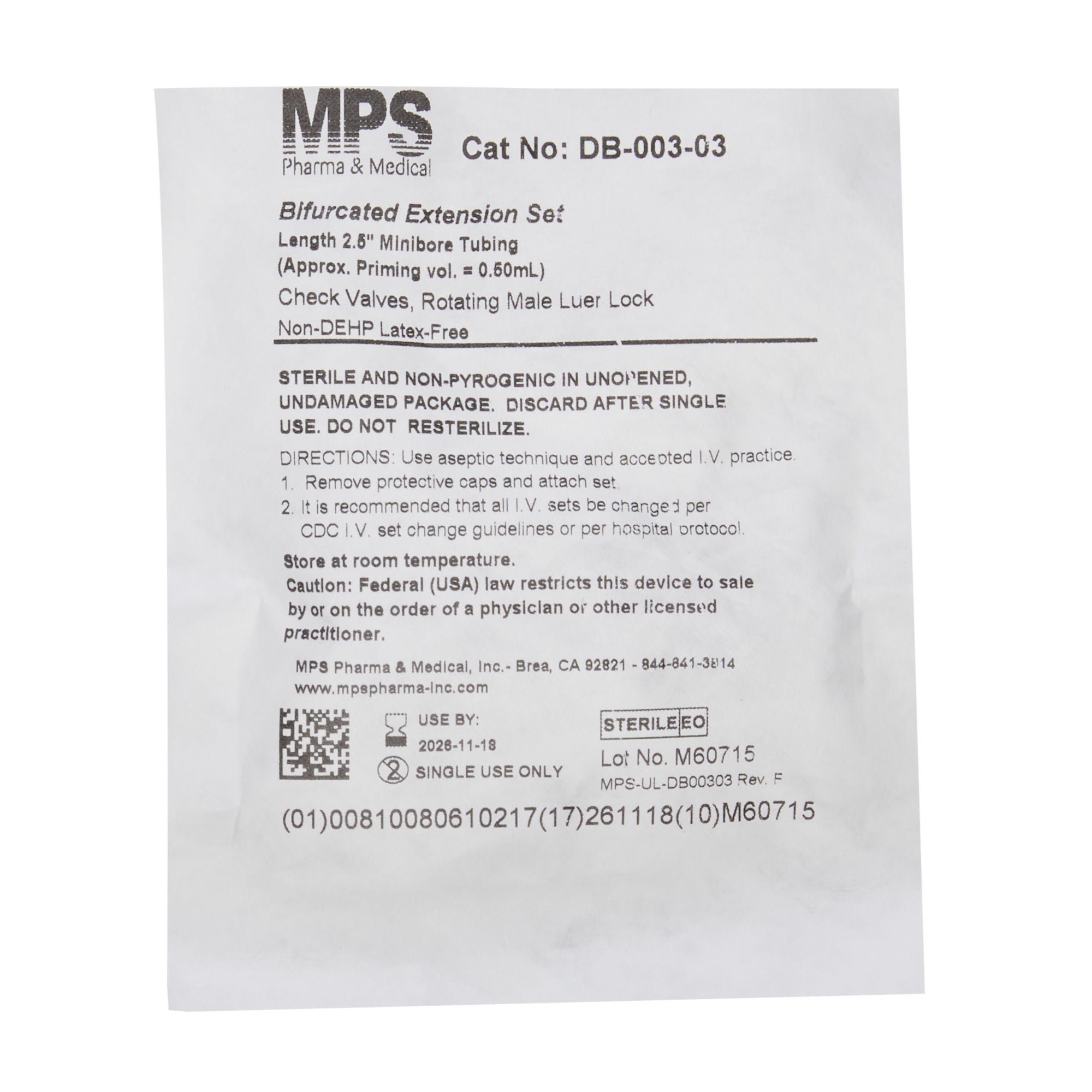 MPS Medical - DB-003-03 IV Extension Set Mini Bore 2-1/2 Inch Tubing Without Filter