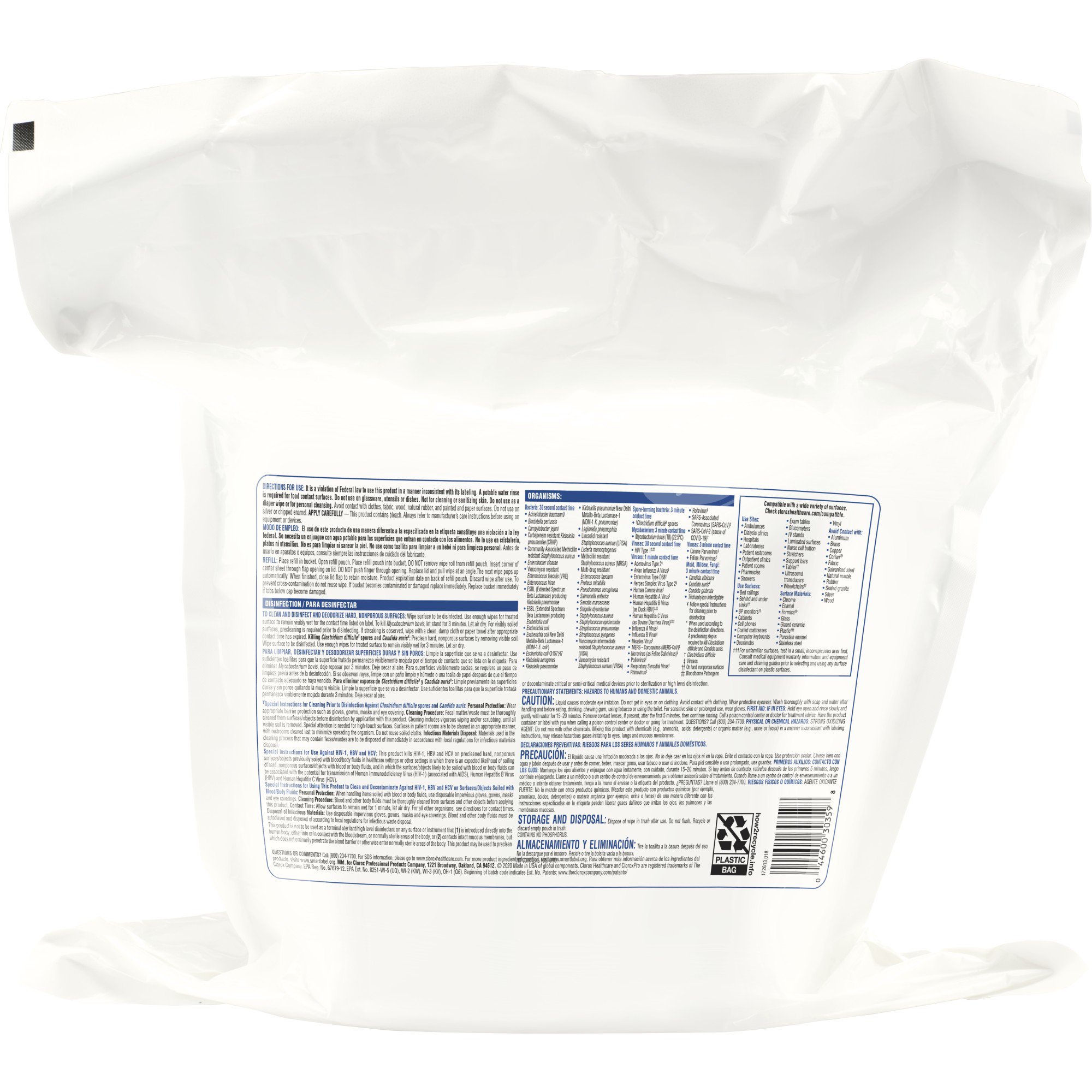 The Clorox Company 30359 - Clorox Healthcare® Bleach Germicidal Wipes, Refill Pouch, 110 ct. - 1/Box, 2/Case