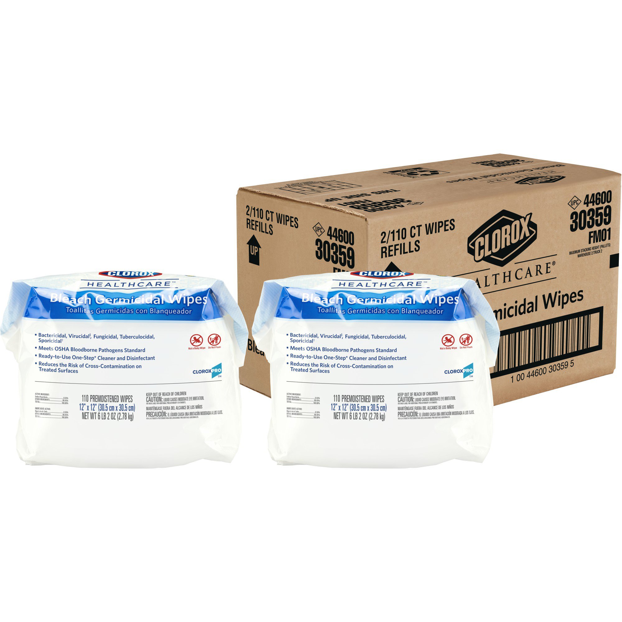 The Clorox Company 30359 - Clorox Healthcare® Bleach Germicidal Wipes, Refill Pouch, 110 ct. - 1/Box, 2/Case