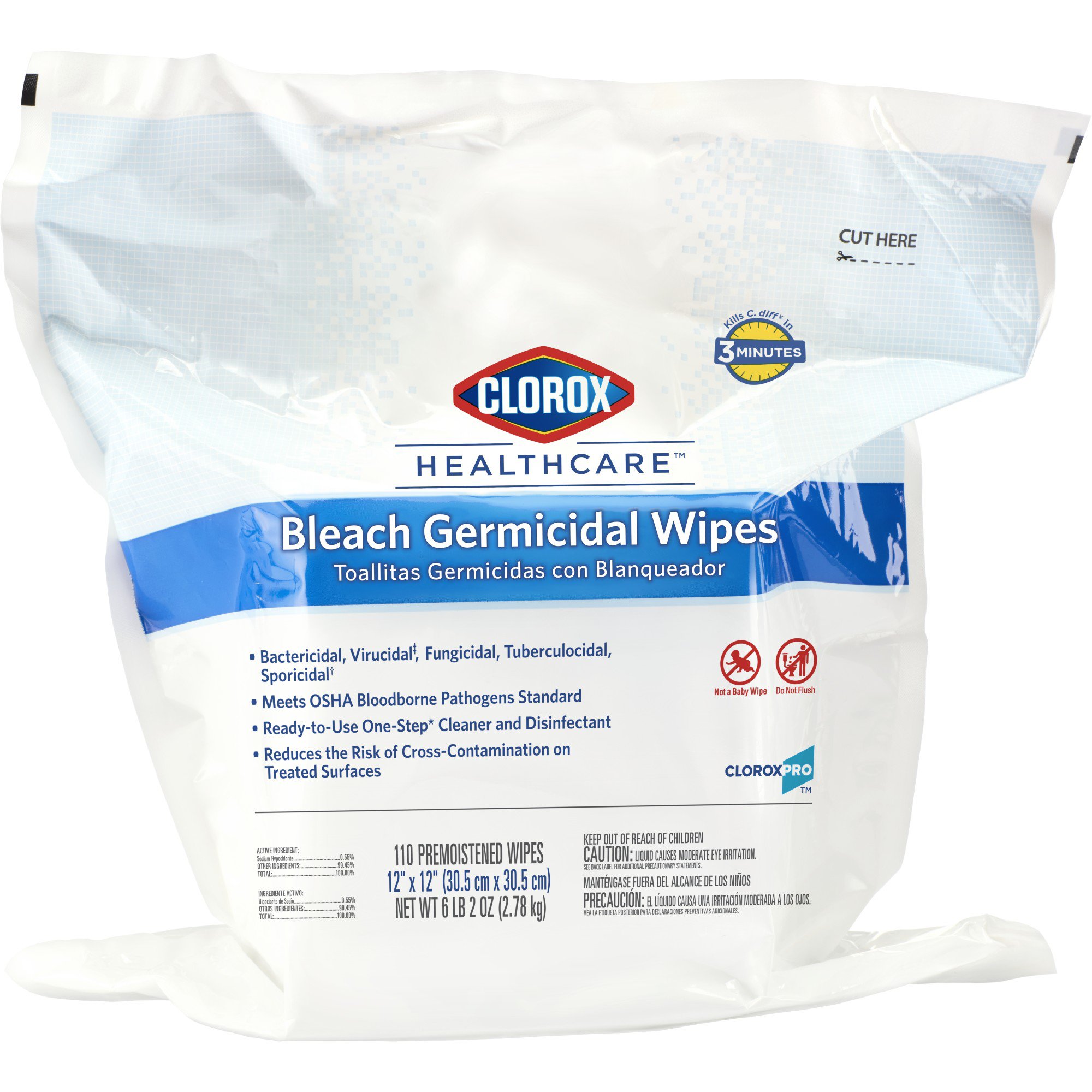 The Clorox Company 30359 - Clorox Healthcare® Bleach Germicidal Wipes, Refill Pouch, 110 ct. - 1/Box, 2/Case
