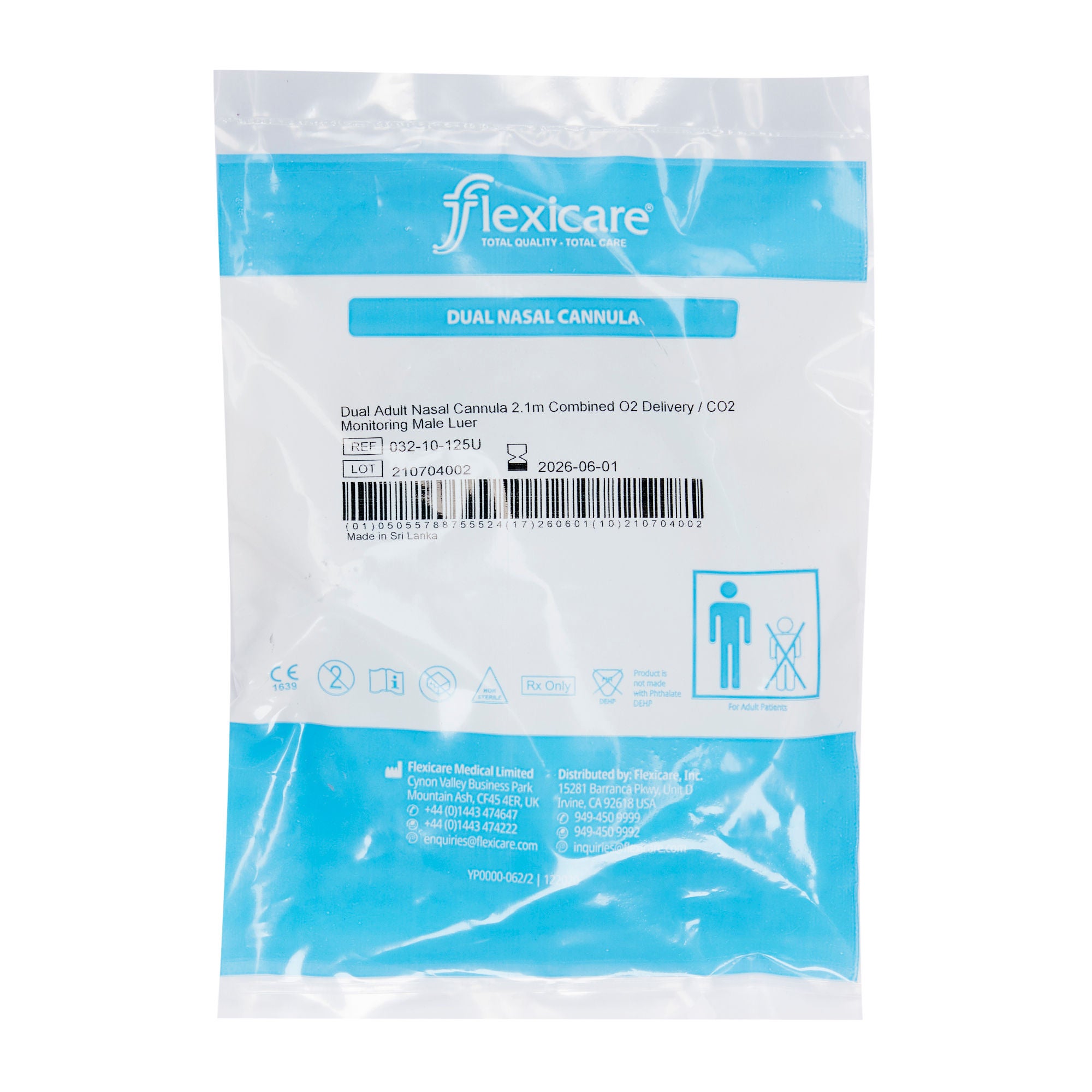 Flexicare - 032-10-125U ETCO2 Nasal Cannula Flexicare® Adult Curved Prongs 7 Foot Tubing Low Flow Rate