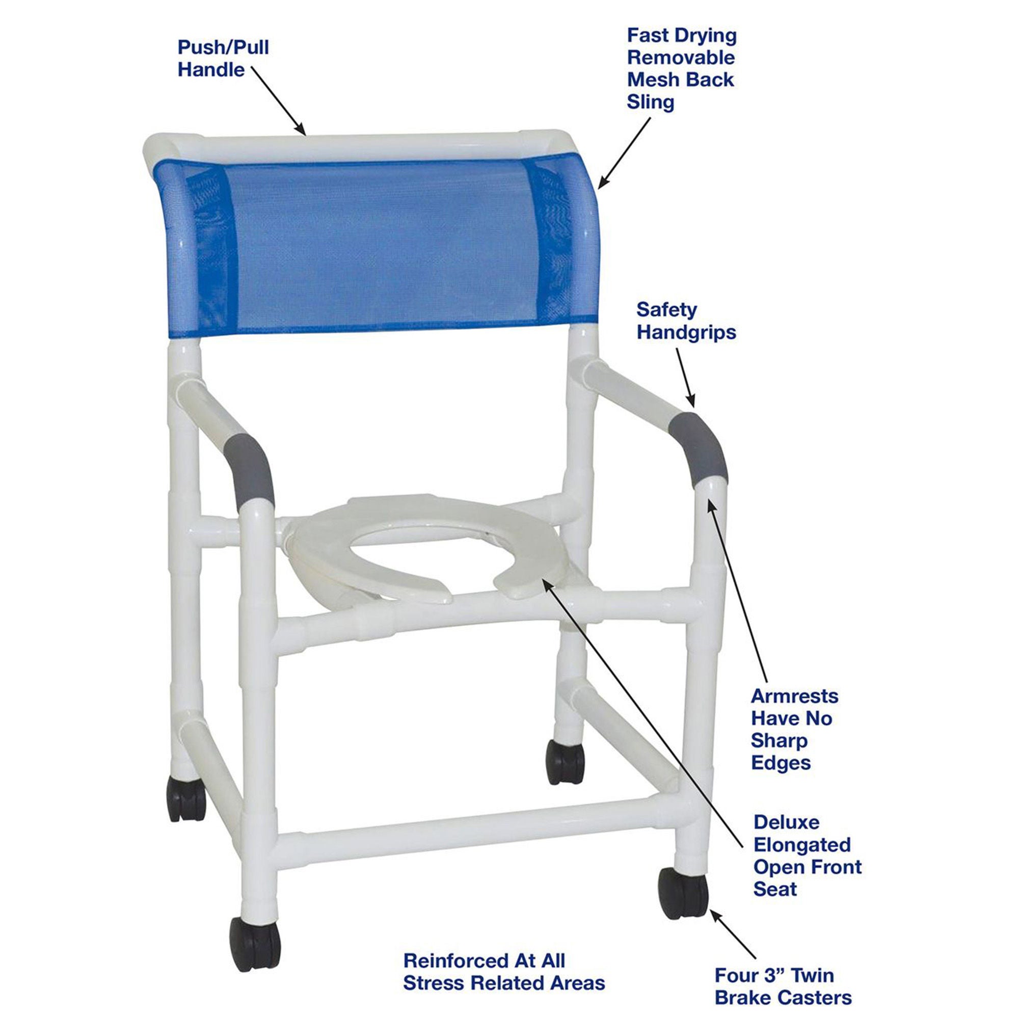 MJM International - 122-3TW-NAVY-M Commode / Shower Chair 100 Series PVC Frame 375 lbs. Weight Capacity