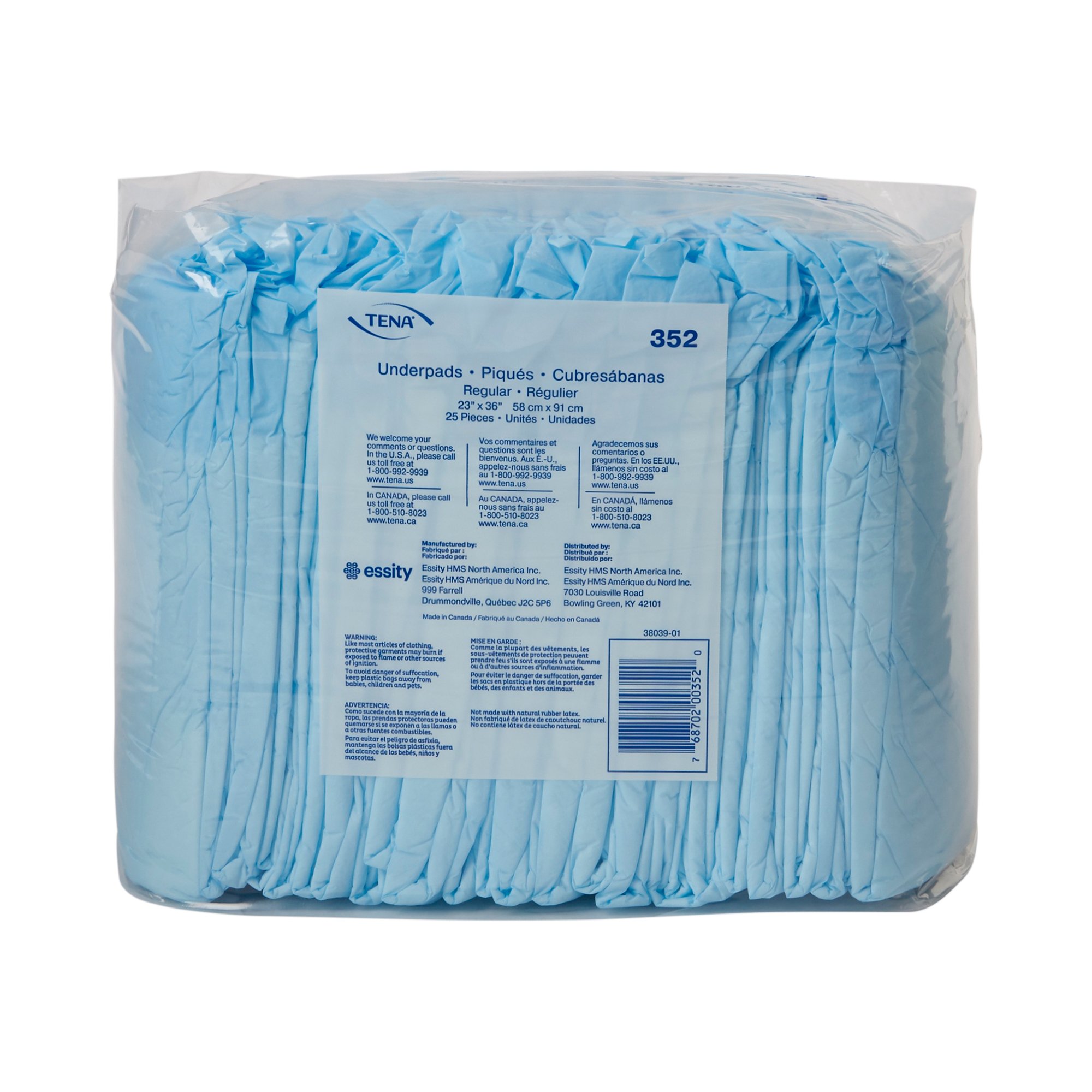Essity HMS North America Inc 352 - Tena® Regular Underpads, Light Absorbency, Blue, Disposable, 23 x 36 Inch - 25/Pack, 150/Case