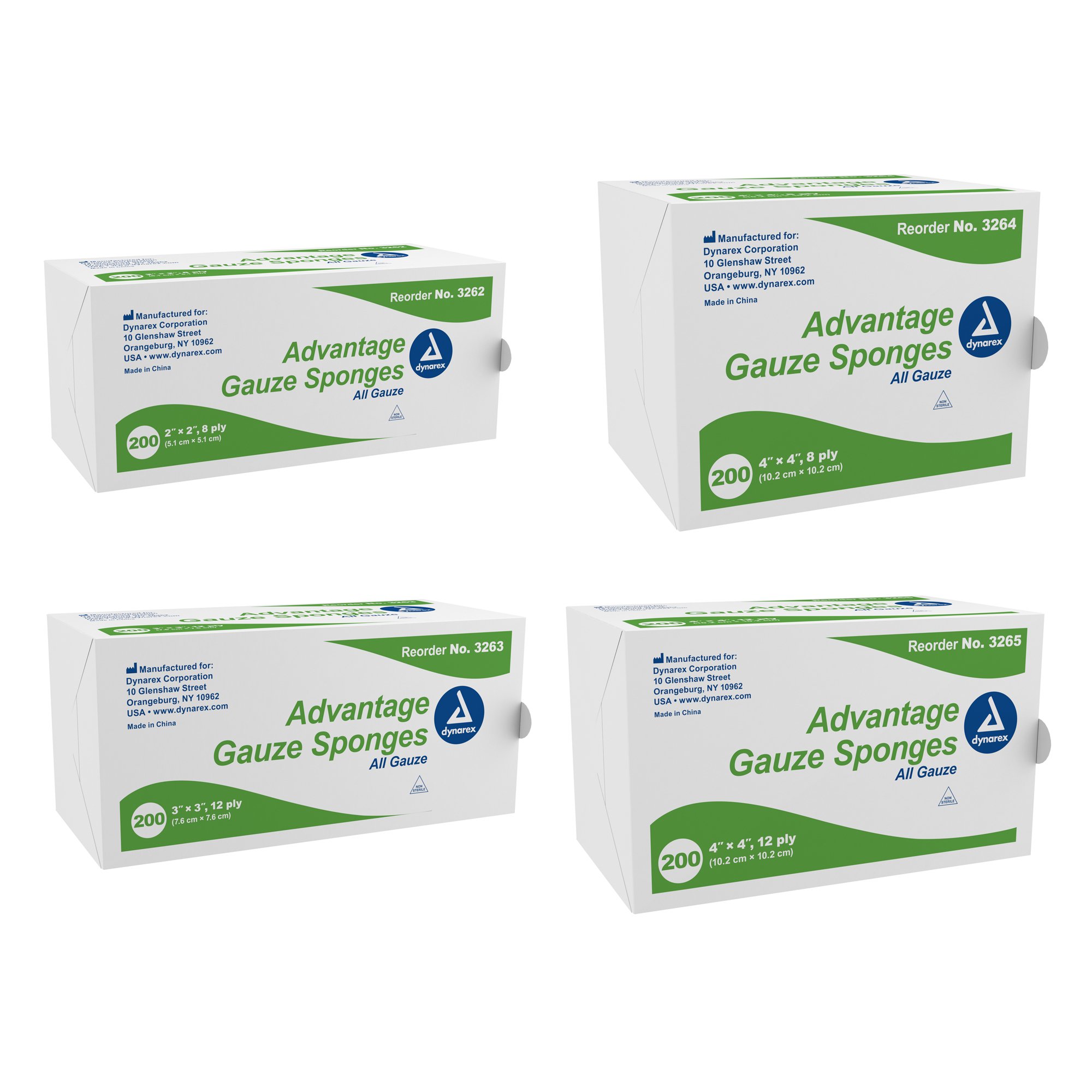 Dynarex 3262 - Advantage Gauze Sponge, 2 x 2 Inch, 8-Ply - 200/Pack, 5000/Case