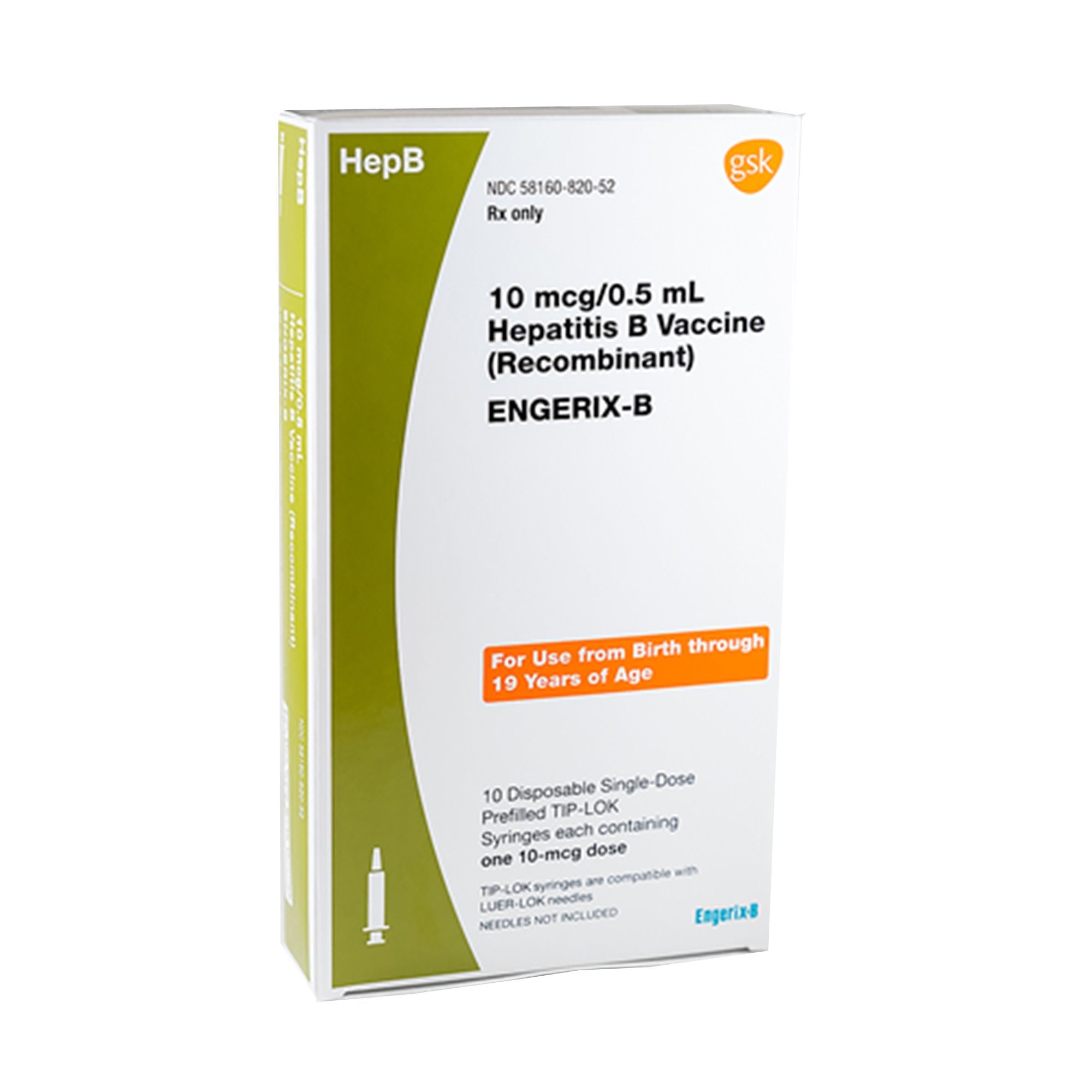 Glaxo Smith Kline - 58160082052 ENGERIX-B® Pediatric Hepatitis B Virus Vaccine, Preservative Free 10 mcg / 0.5 mL Injection 0.5 mL