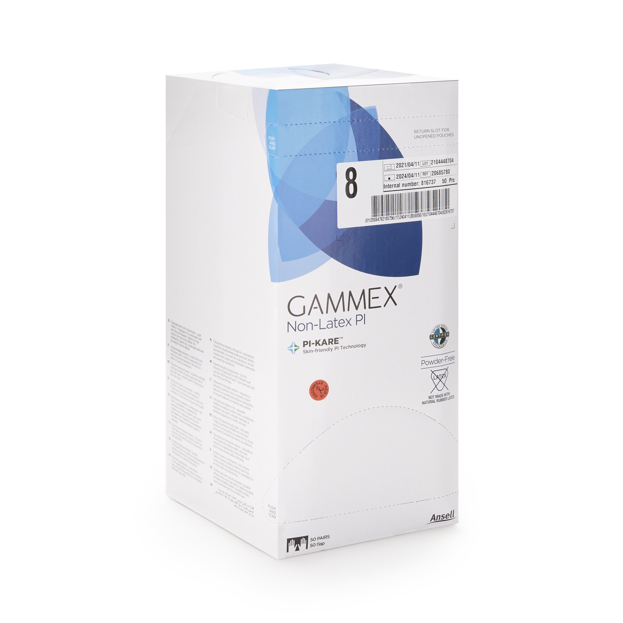 Ansell 20685780 - Gammex® Non-Latex PI Polyisoprene Surgical Glove, Size 8, White - 50/Box, 200/Case