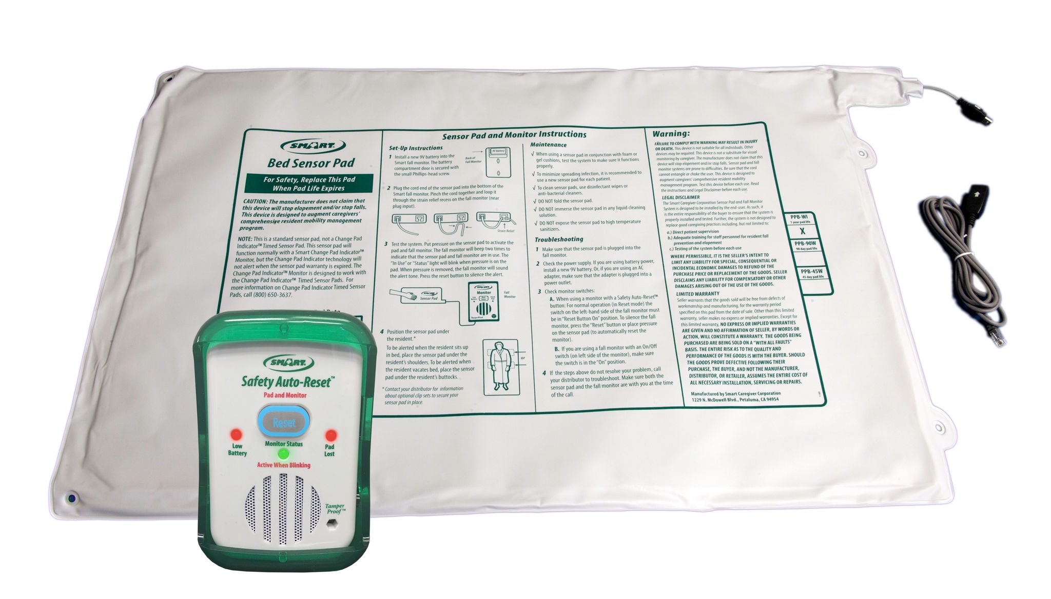 Smart Caregiver - SBW1-SYS Bed Sensor Pad Alarm System Safety Auto-Reset™ 20 X 30 Inch