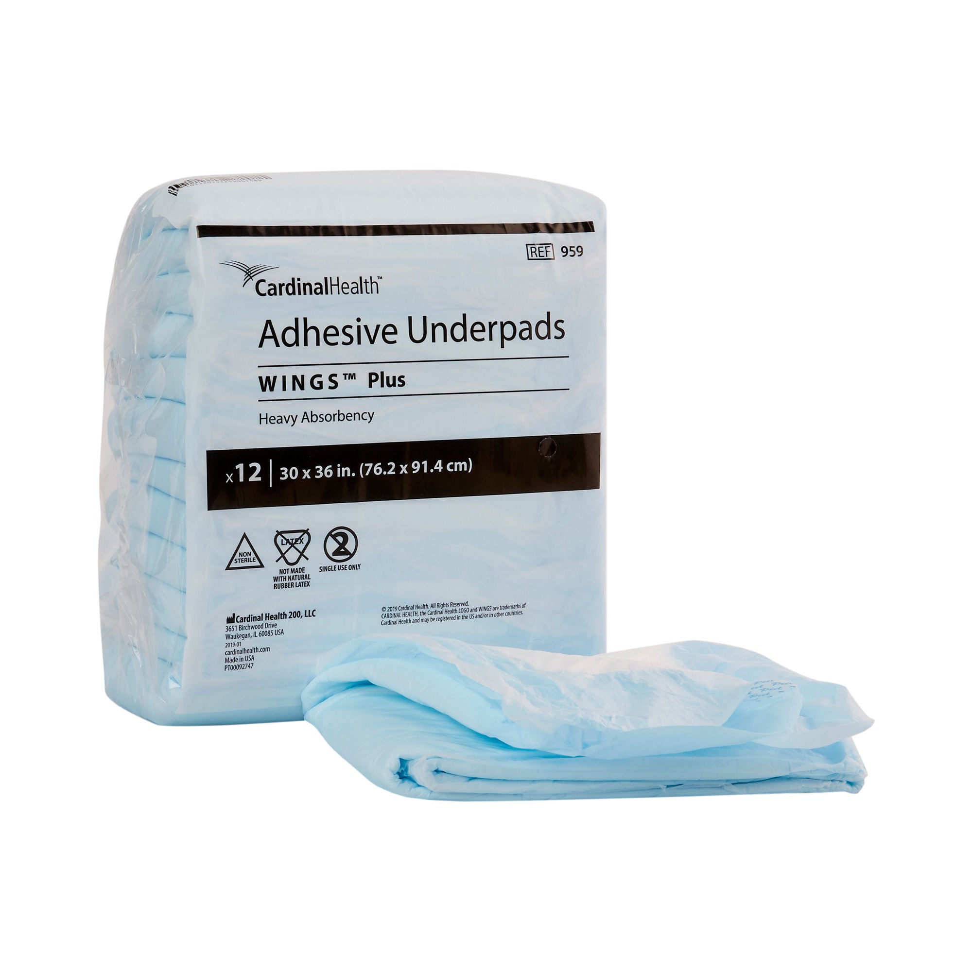 Cardinal - 959 Disposable Underpad Wings™ Plus 30 X 36 Inch Fluff / Polymer Heavy Absorbency