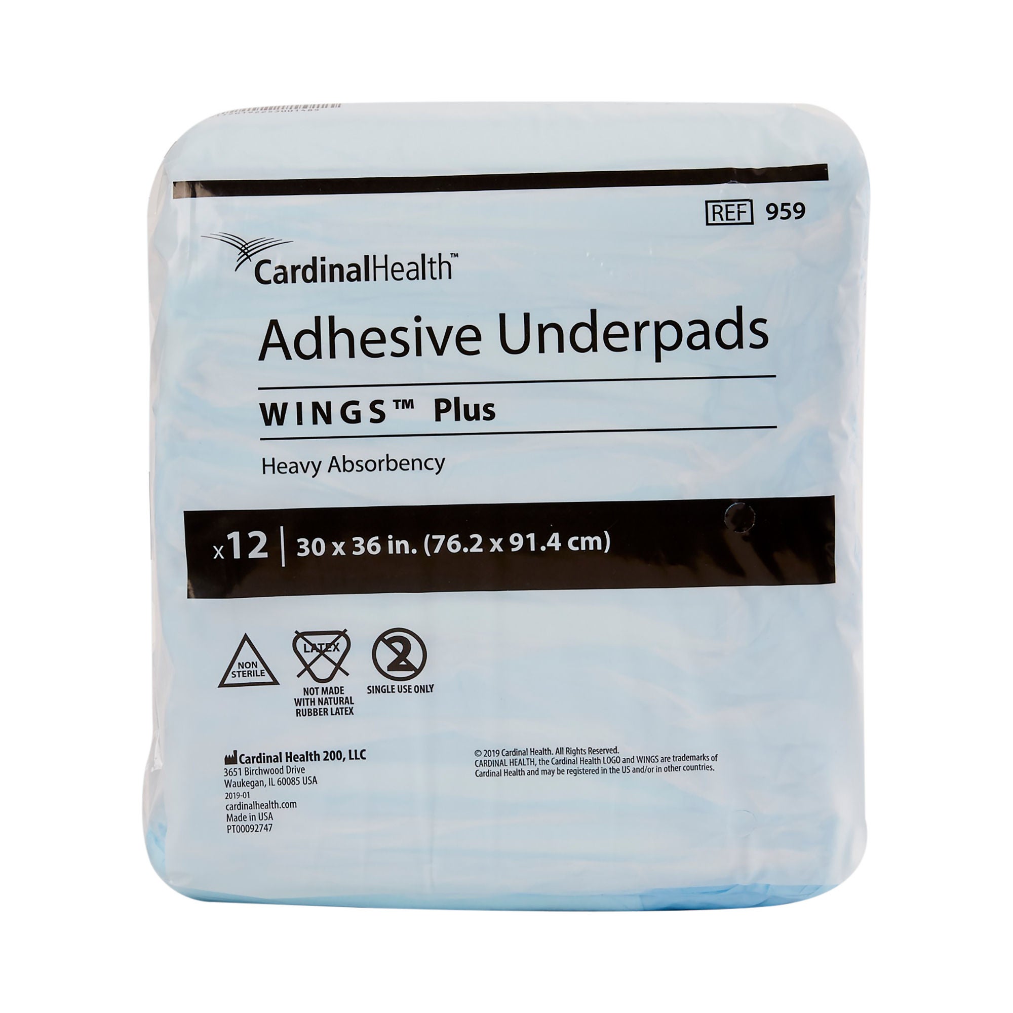 Cardinal - 959 Disposable Underpad Wings™ Plus 30 X 36 Inch Fluff / Polymer Heavy Absorbency