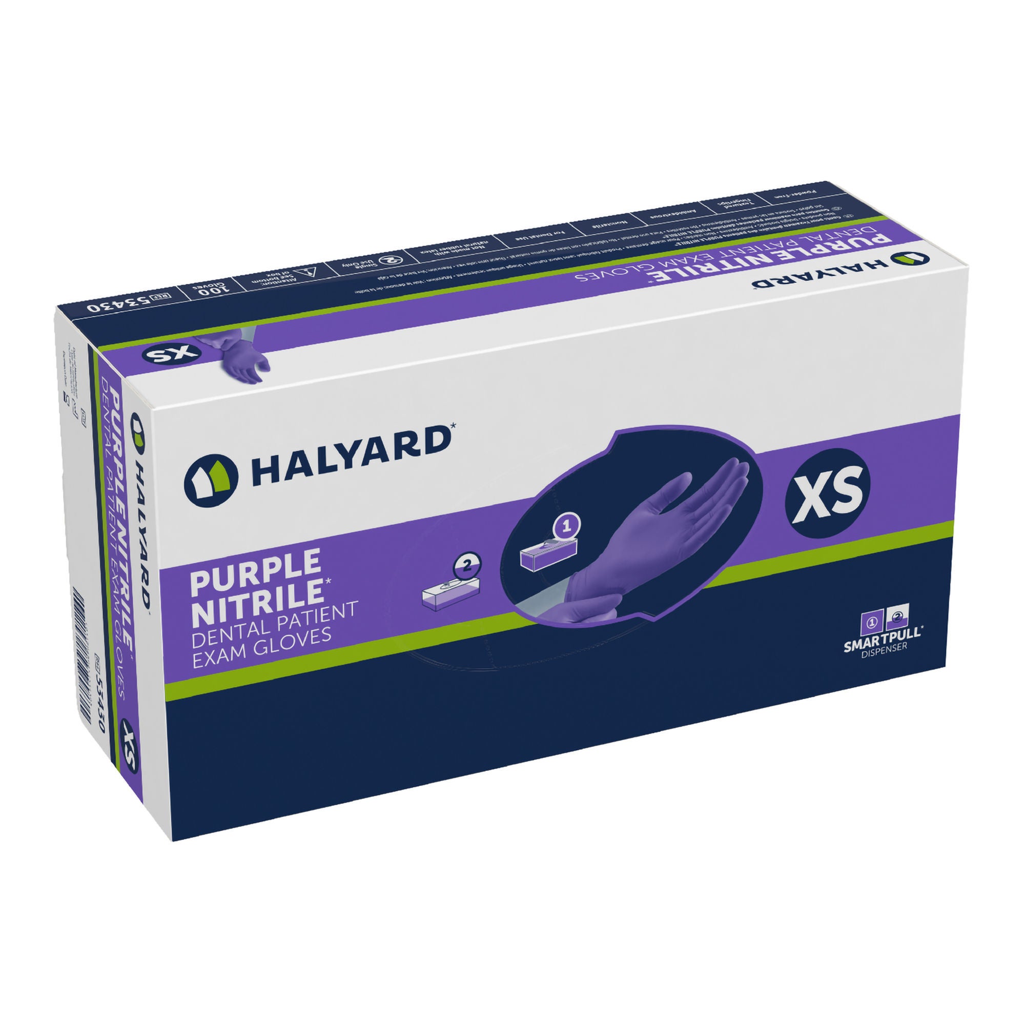 O&M Halyard Inc - 53430 Exam Glove Purple Nitrile® Dental X-Small 100 per Box NonSterile Nitrile Standard Cuff Length Textured Fingertips Purple Not Rated