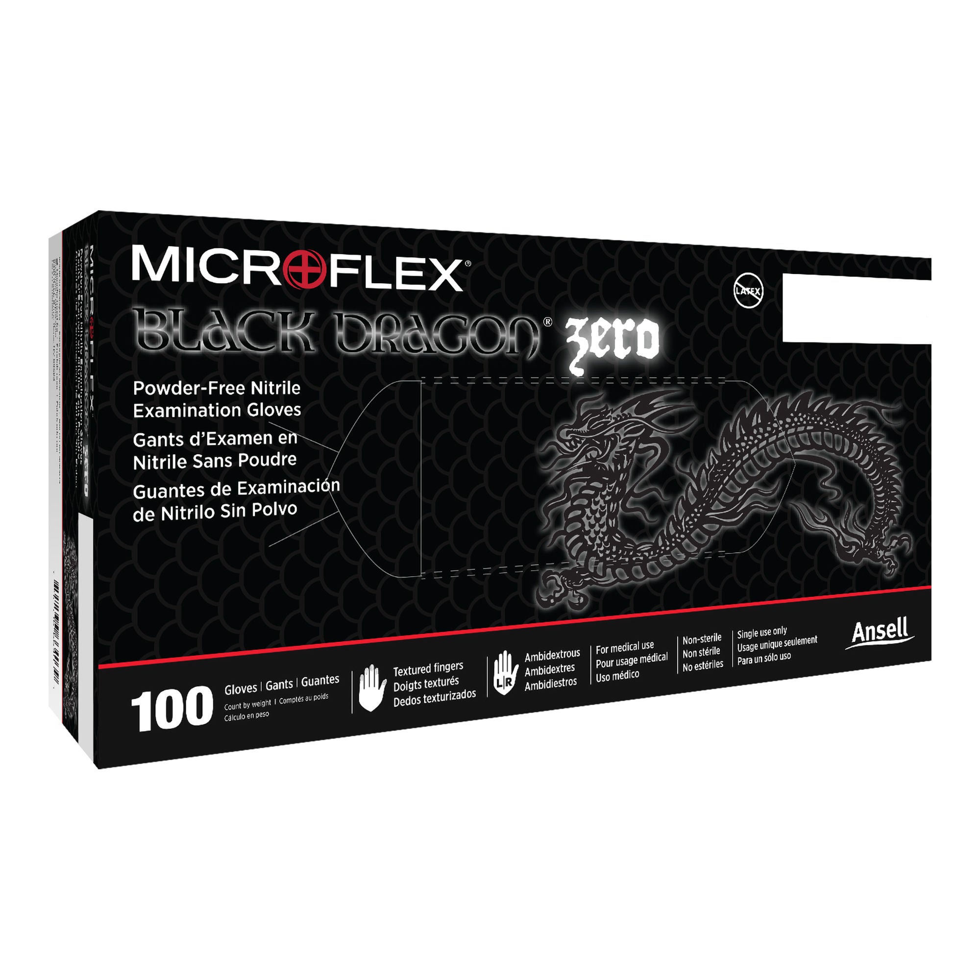 Microflex Medical - BD-1002-NPF Exam Glove Black Dragon® Zero Medium 100 per Box NonSterile Nitrile Standard Cuff Length Textured Fingertips Black Not Rated