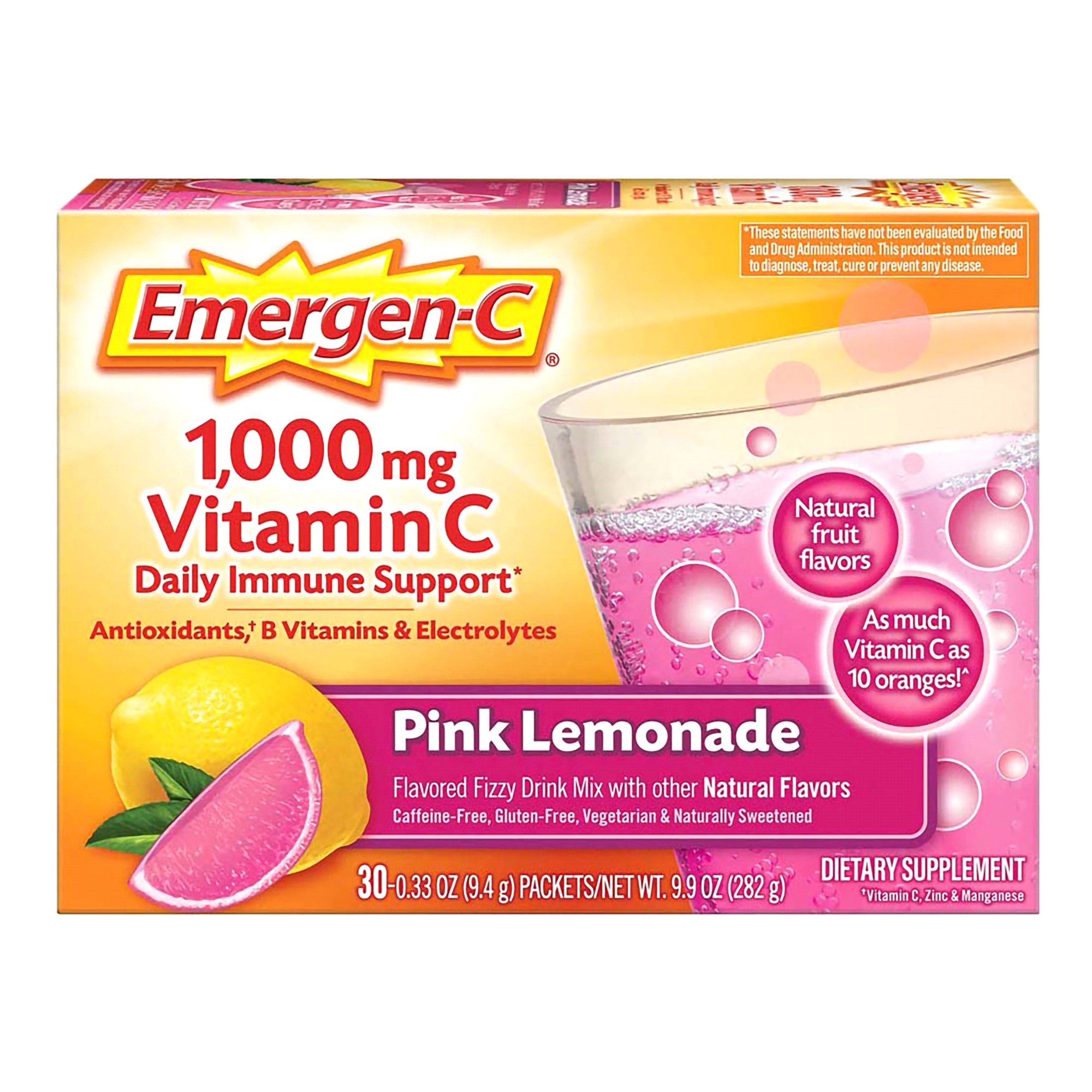 Pfizer 07631430204 - Emergen-C® Vitamin C Daily Immune Support Drink Mix, Pink Lemonade Flavor - 30/Box