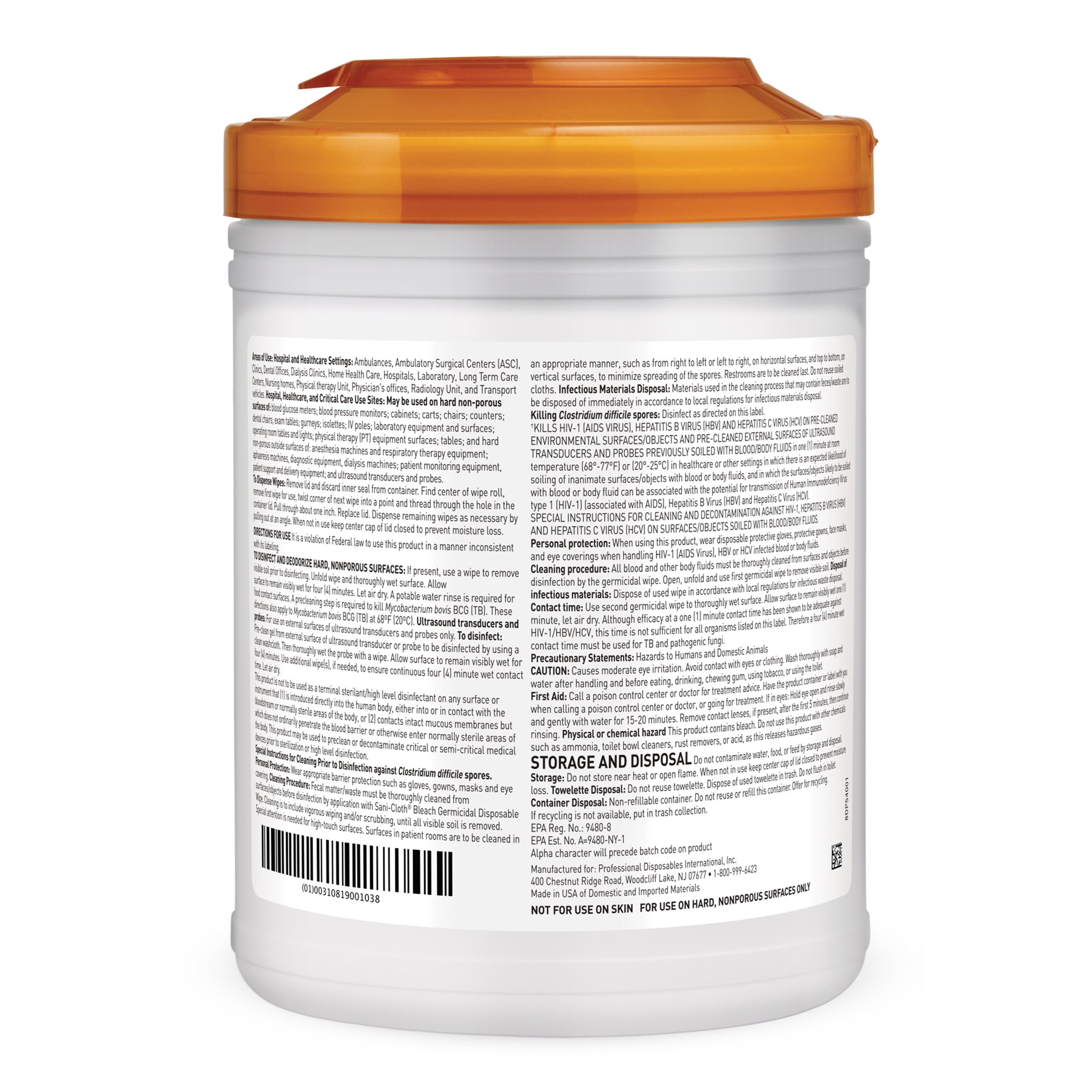 Professional Disposables - P54072 Sani-Cloth® Surface Disinfectant Cleaner Bleach Wipe