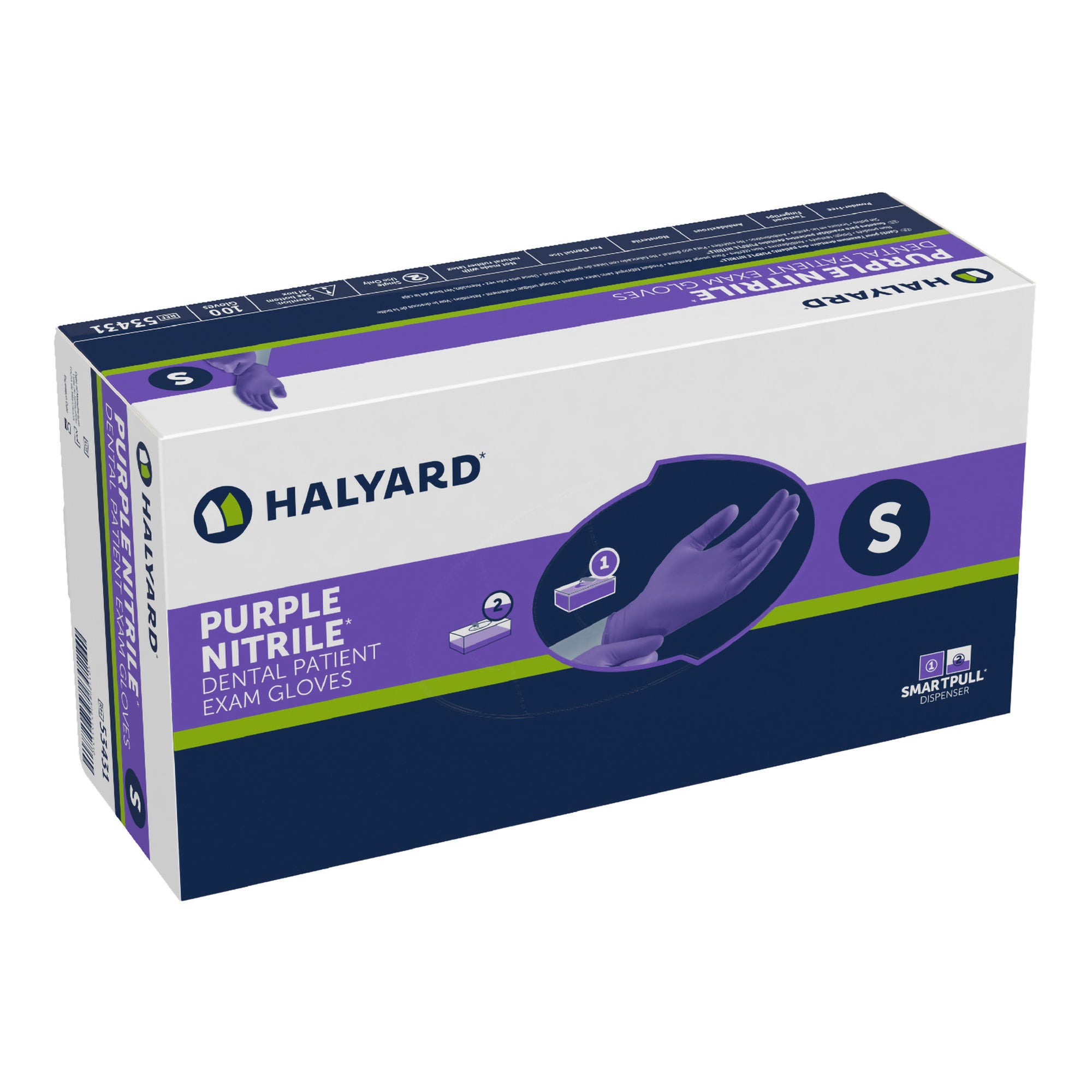 O&M Halyard Inc - 53431 Exam Glove Purple Nitrile® Dental Small 100 per Box NonSterile Nitrile Standard Cuff Length Textured Fingertips Purple Not Rated