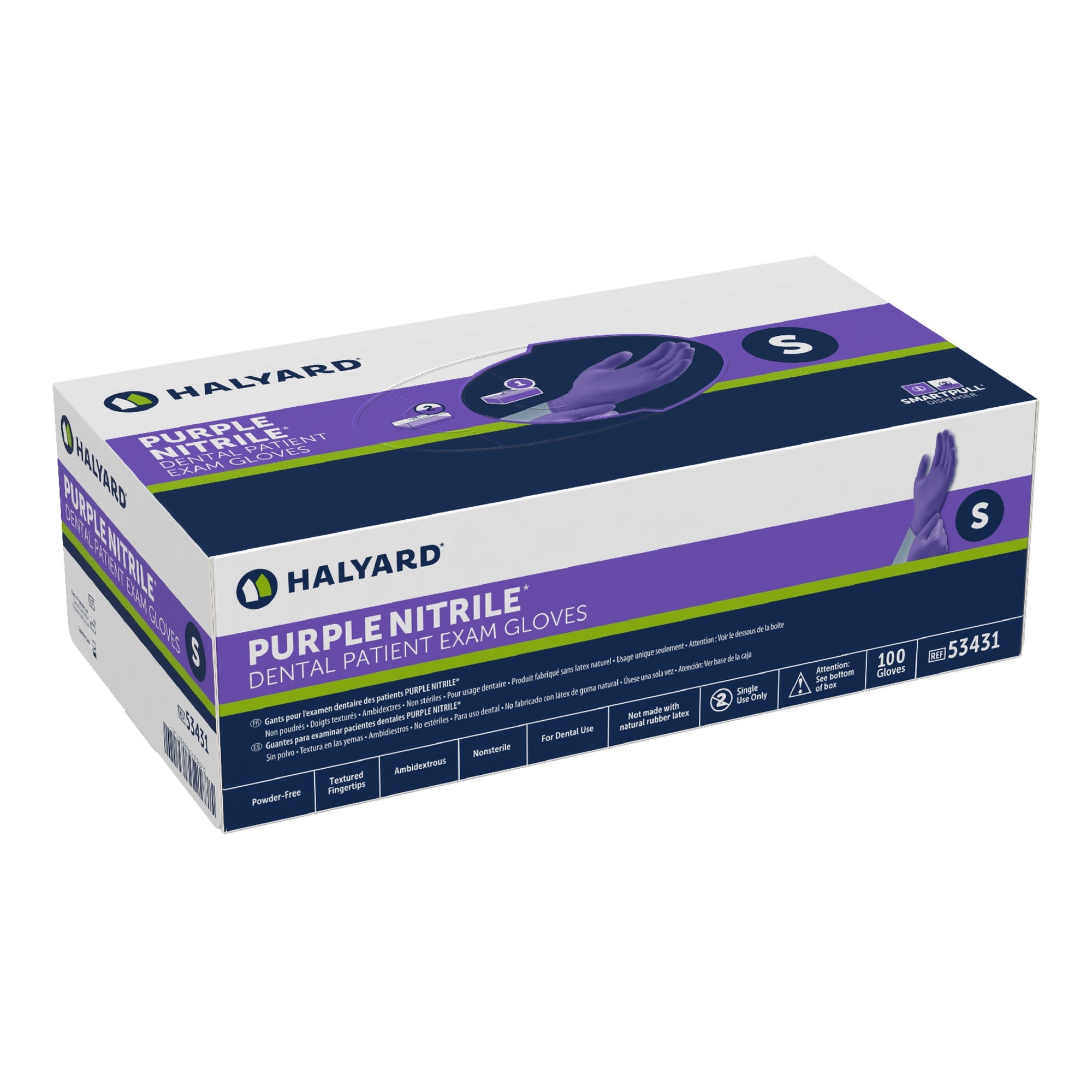 O&M Halyard Inc - 53431 Exam Glove Purple Nitrile® Dental Small 100 per Box NonSterile Nitrile Standard Cuff Length Textured Fingertips Purple Not Rated
