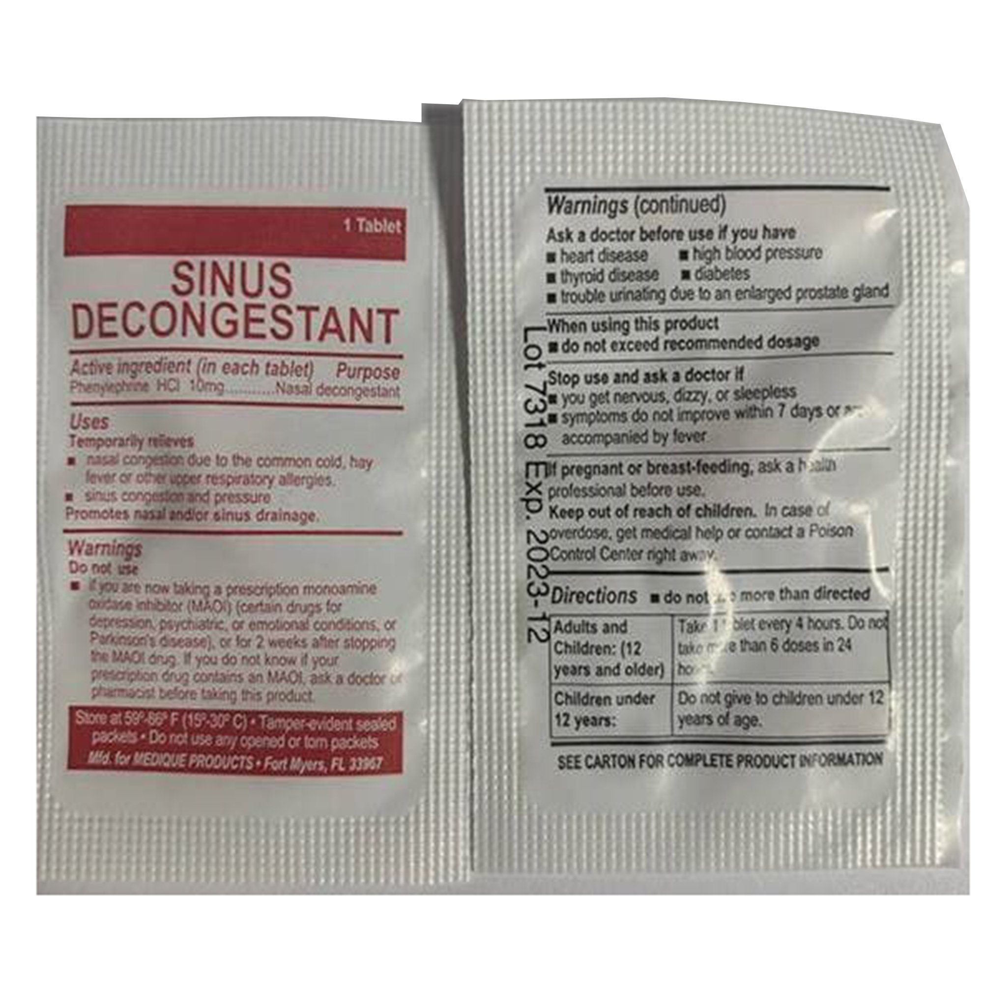 Medique Products 80933 - Medi-First® Phenylephrine Sinus Relief - 100/Box, 2400/Case