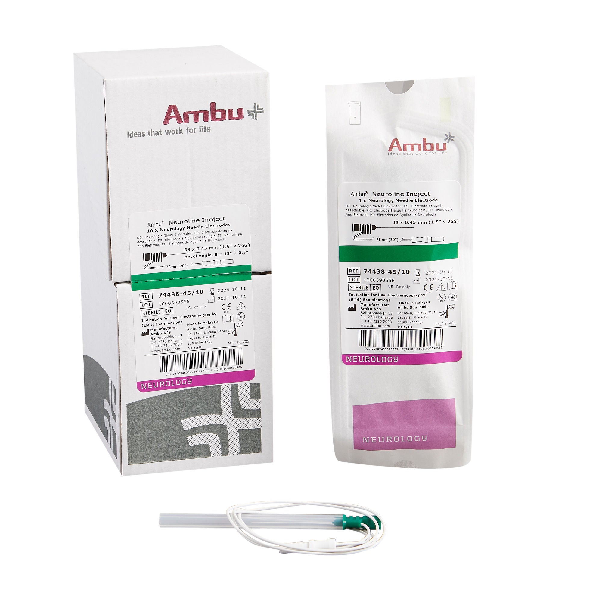Ambu - 74438-45-10 EMG Needle Electrode with Leadwire Ambu® Neuroline Inoject 36 Gauge X 1-1/2 X 30 Inch Length Silicone Coated Stainless Steel Sterile Small Angle Tip Disposable