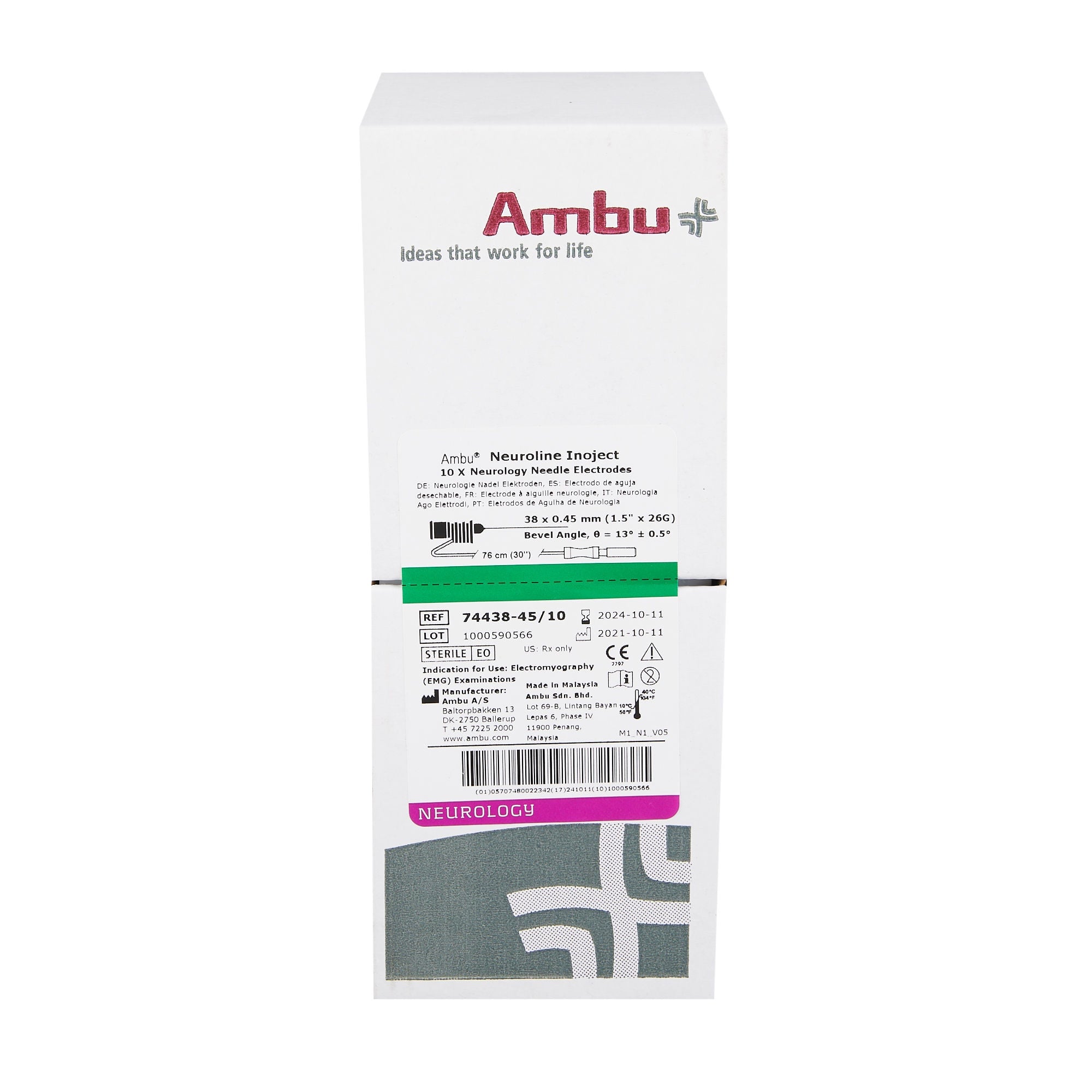 Ambu - 74438-45-10 EMG Needle Electrode with Leadwire Ambu® Neuroline Inoject 36 Gauge X 1-1/2 X 30 Inch Length Silicone Coated Stainless Steel Sterile Small Angle Tip Disposable