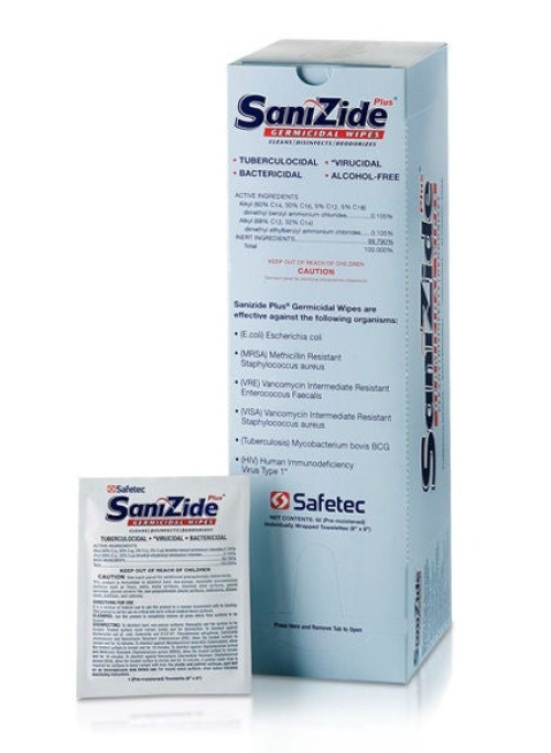 Safetec of America - 34826 Surface Disinfectant Cleaner SaniZide Plus® Premoistened Germicidal Manual Pull Wipe 50 Count Individual Packet Ammonia Scent NonSterile
