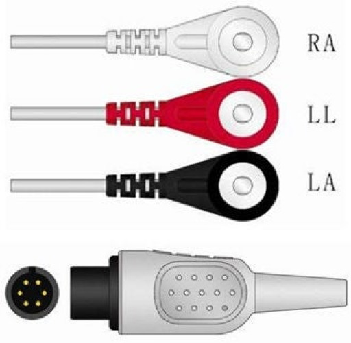 Sage Services Group - A11-03S ECG Cable Sage Services 6-Pin Connector Monitor Side, 3 Lead, Snap, 2.5m
