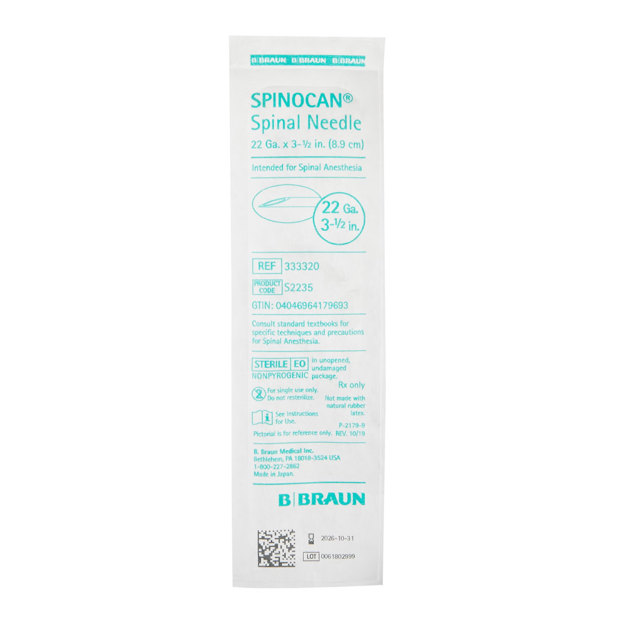 B. Braun - 333320 Spinal Needle Spinocan® Quincke Style 22 Gauge 3-1/2 Inch Length Sterile