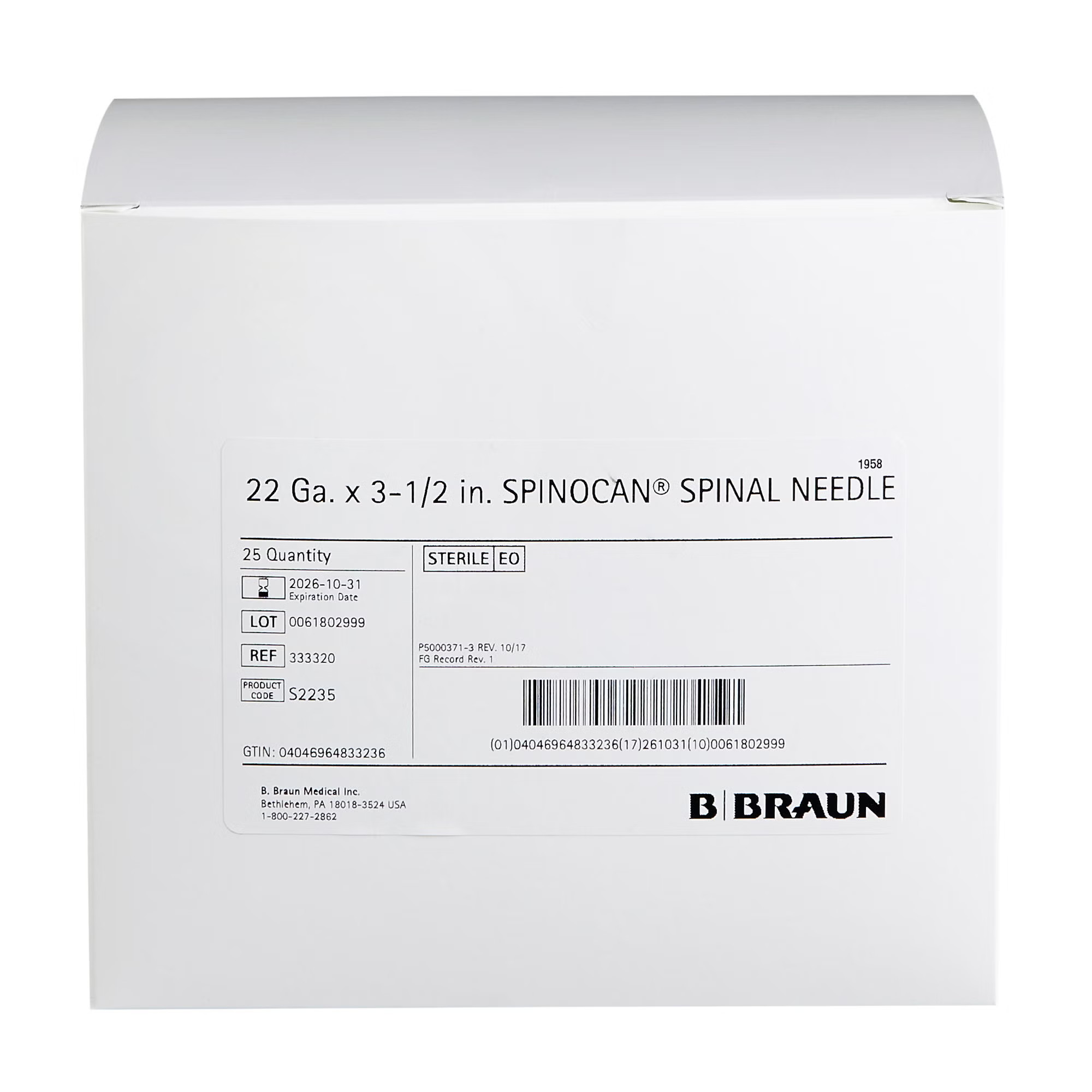 B. Braun - 333320 Spinal Needle Spinocan® Quincke Style 22 Gauge 3-1/2 Inch Length Sterile