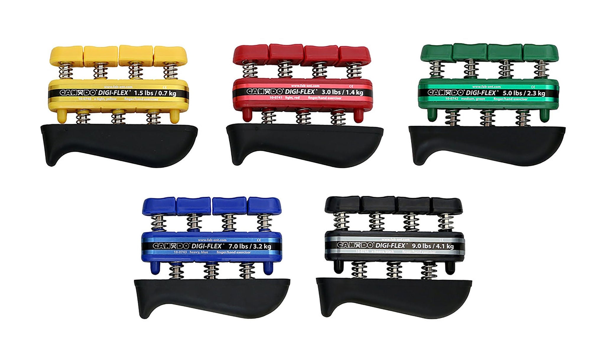 Fabrication Enterprises - 10-0745 Hand / Finger Exerciser Set CanDo® Digi-Flex® Yellow / Red / Green / Blue / Black X-Light to X-Heavy Resistance