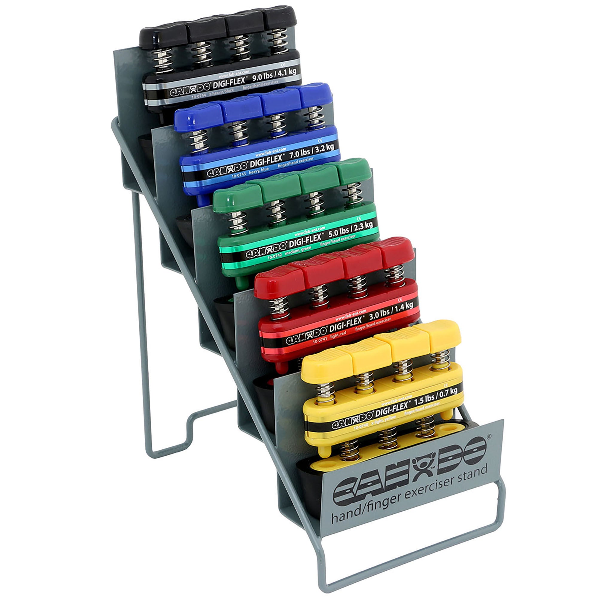 Fabrication Enterprises - 10-0749 Hand / Finger Exerciser Set with Display Stand CanDo® Digi-Flex® Yellow / Red / Green / Blue / Black X-Light to X-Heavy Resistance