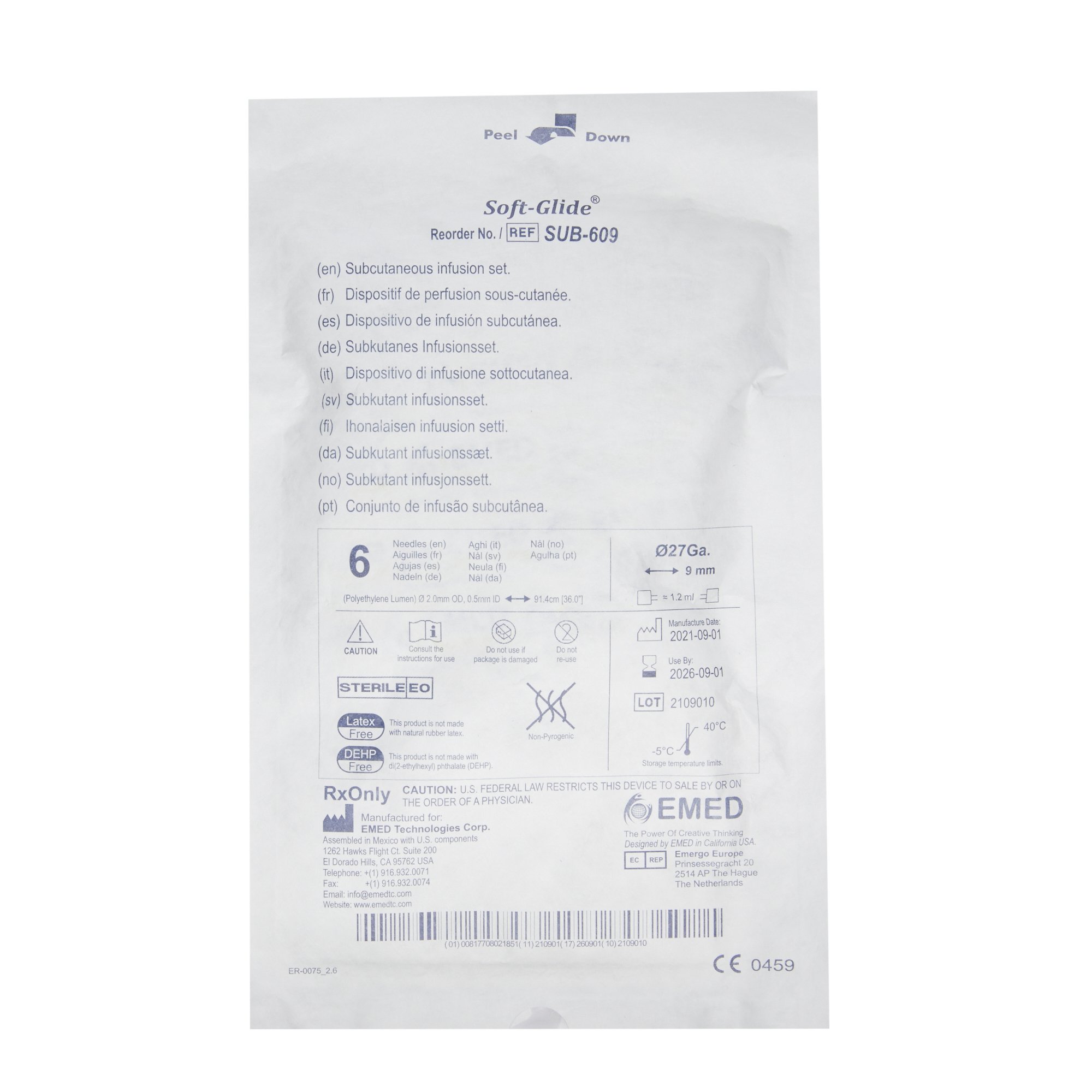 EMED Technologies SUB-609 - Sub-Q Subcutaneous Infusion Set - 10/Box